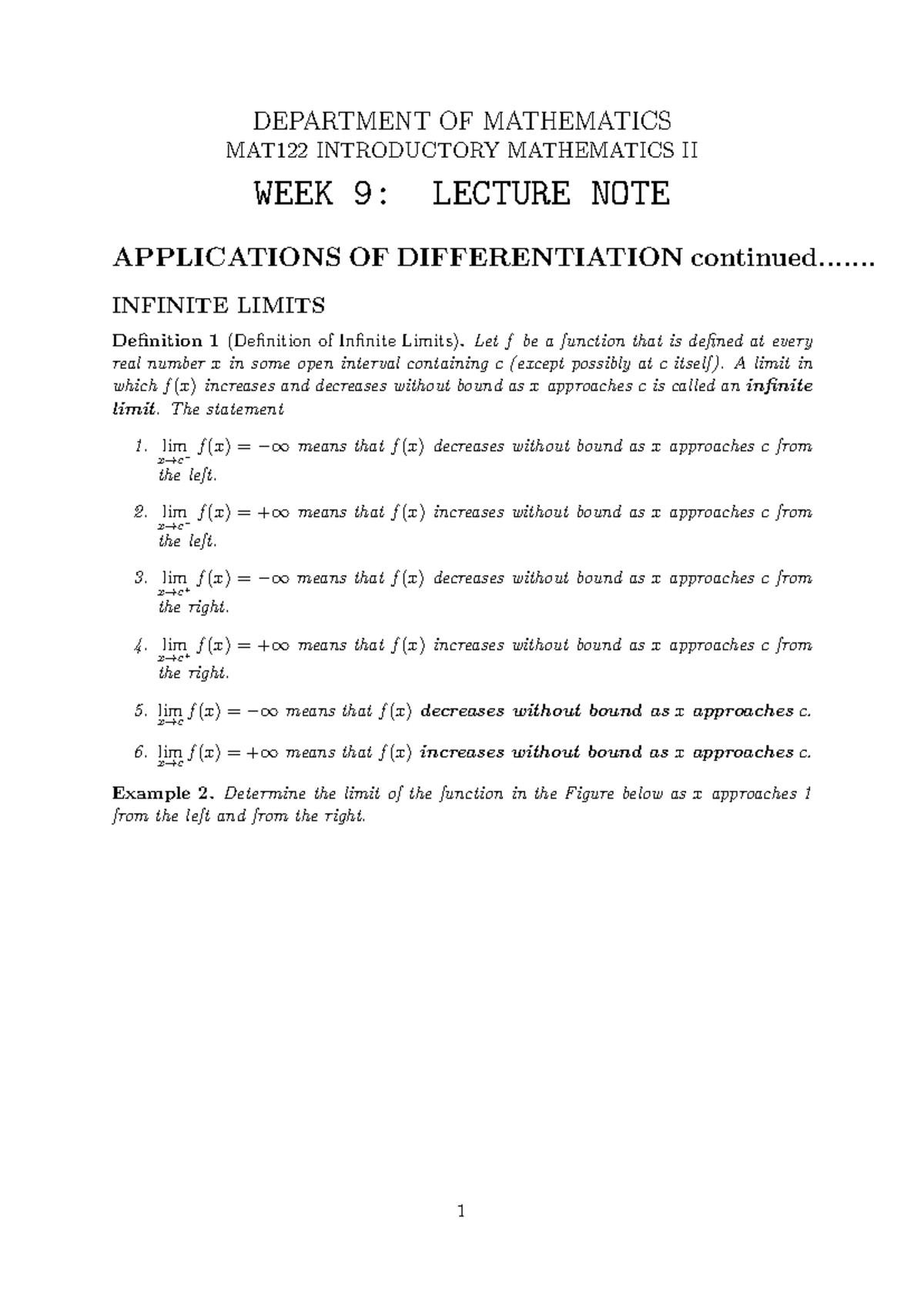 MAT122 Week 9 Lecture Notes: Applications of Differentiation - Studocu