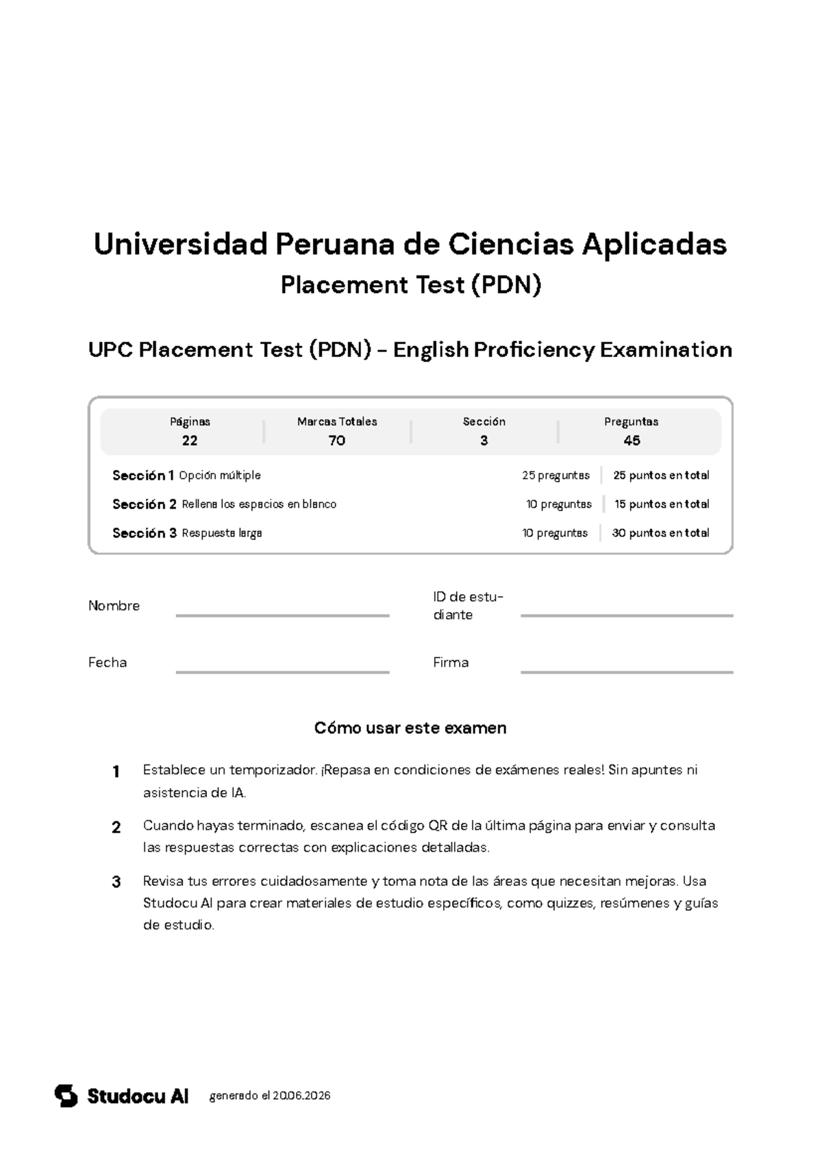 UPC Placement Test - English Proficiency Exam - Document Preview