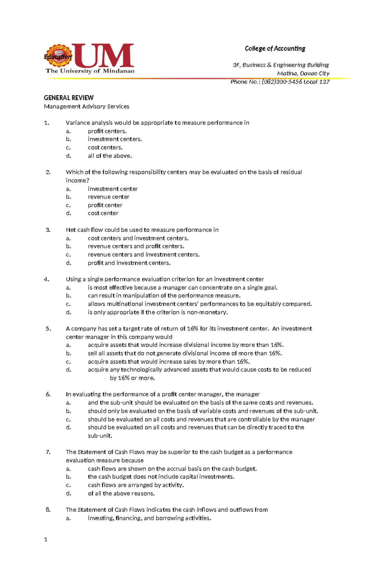 General Review: Management Advisory Services (MAS) Exam Prep - Studocu