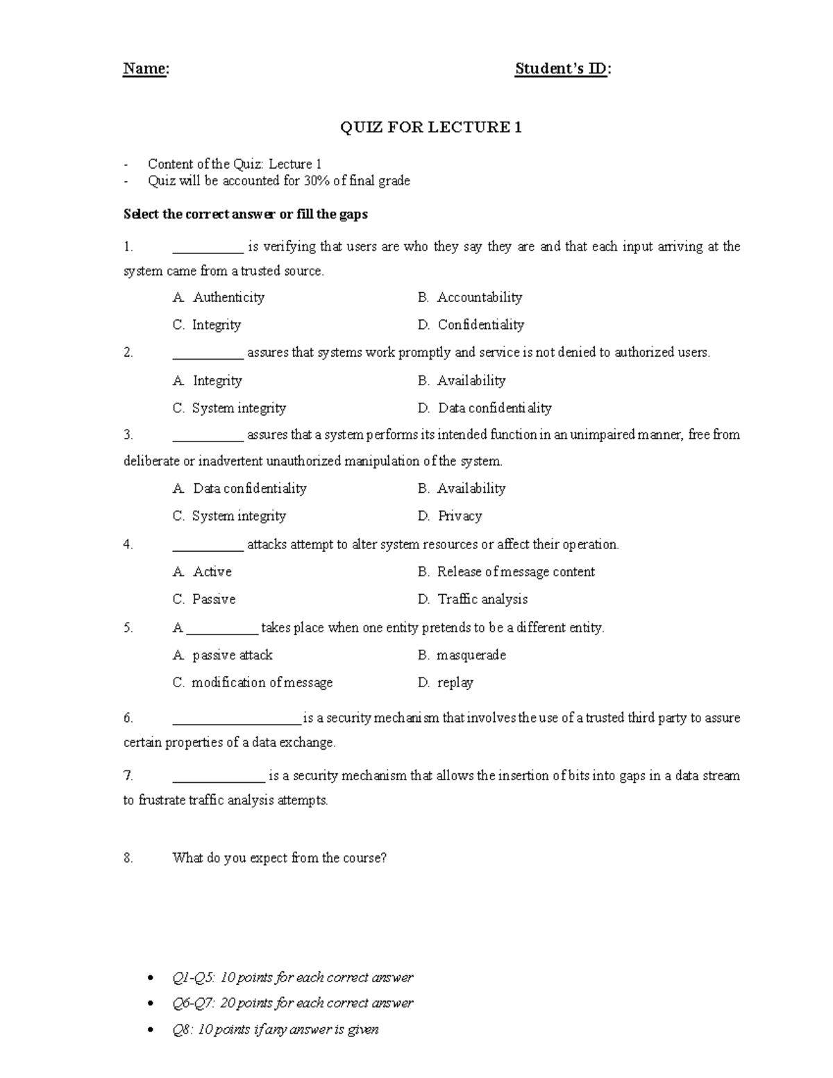 QUIZ FOR LECTURE 1 (Course Code: ID) - Content Overview - Studocu