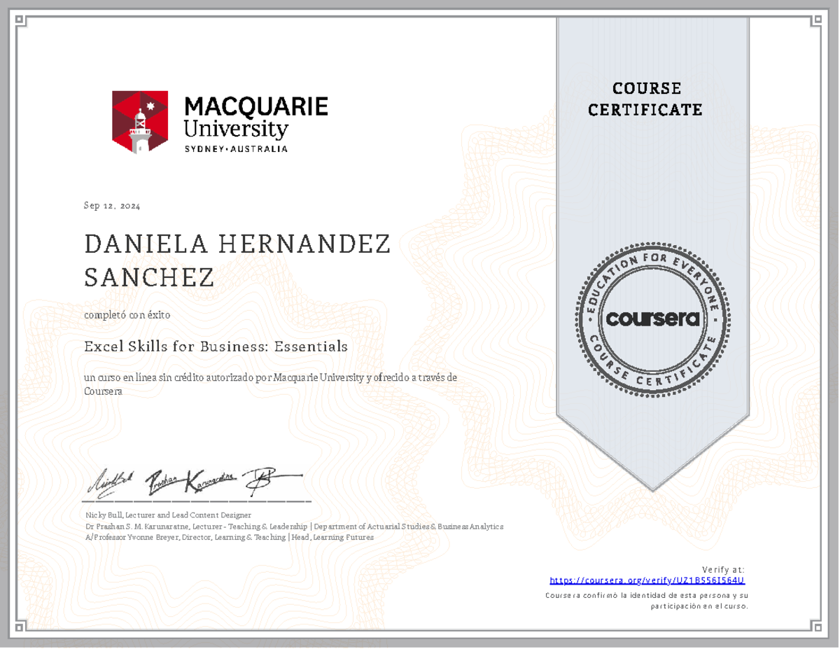Excel Skills for Business: Essentials Course Completion Certificate ...