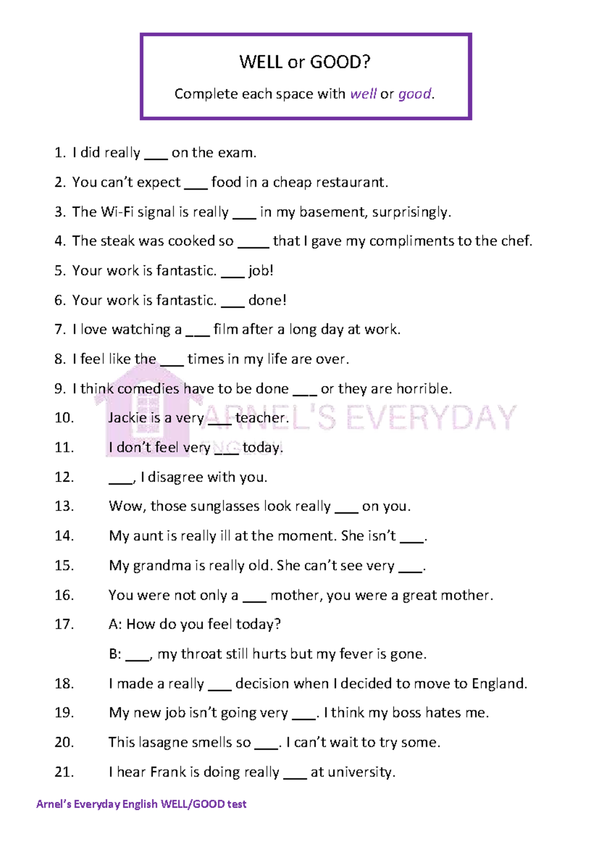 WELL or GOOD? Everyday English Test with Answers - Studocu