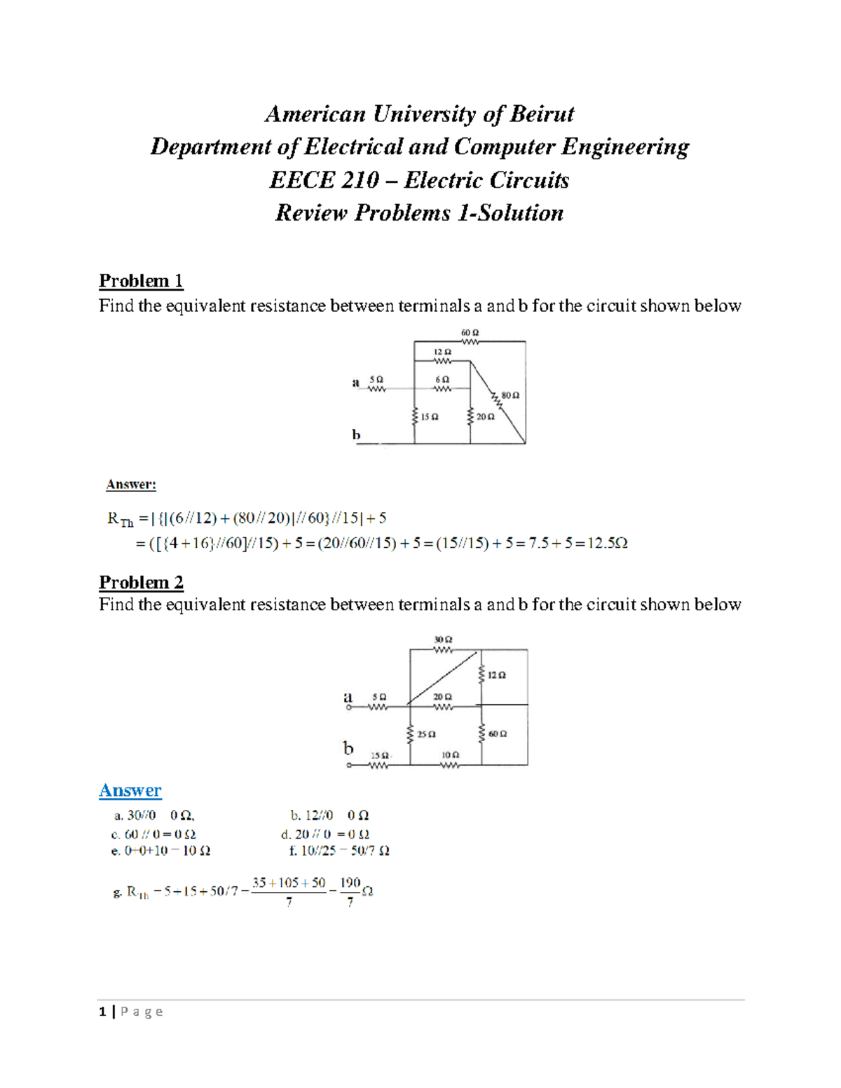 EECE 210 Electric Circuits Review Problems - Solutions - Studocu