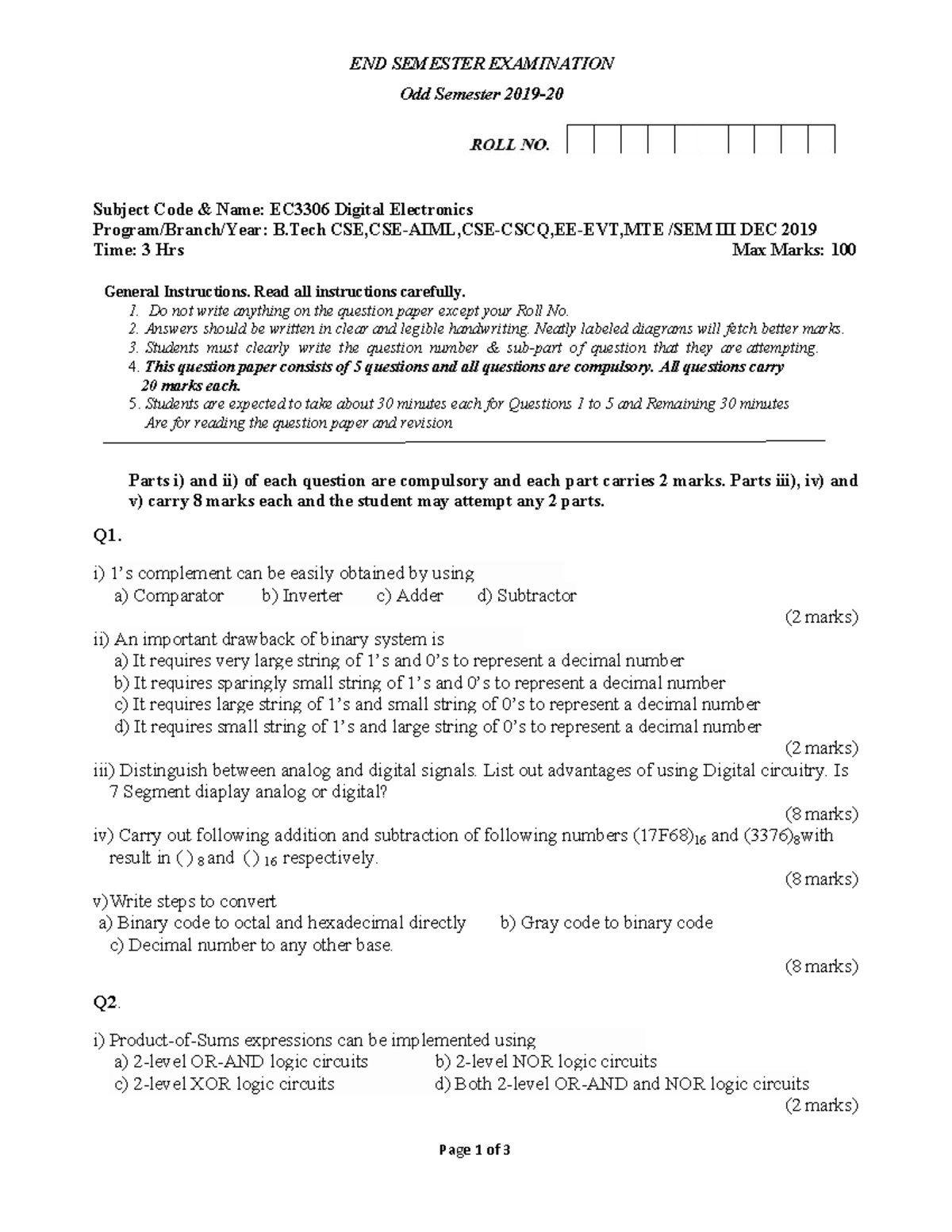EC3306 Digital Electronics End Semester Exam Paper - Dec 2019 - Studocu