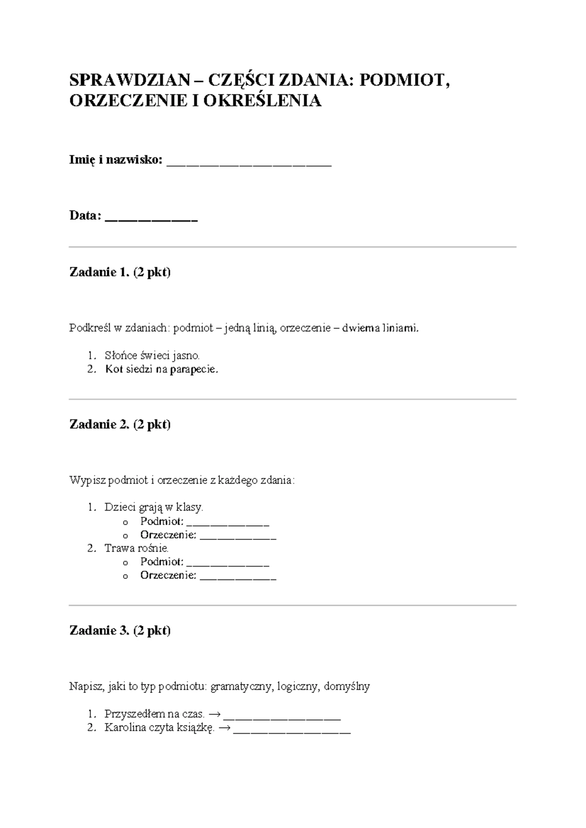 Sprawdzian Z Polskiego Części Mowy 2 Gimnazjum www.studocu.com
