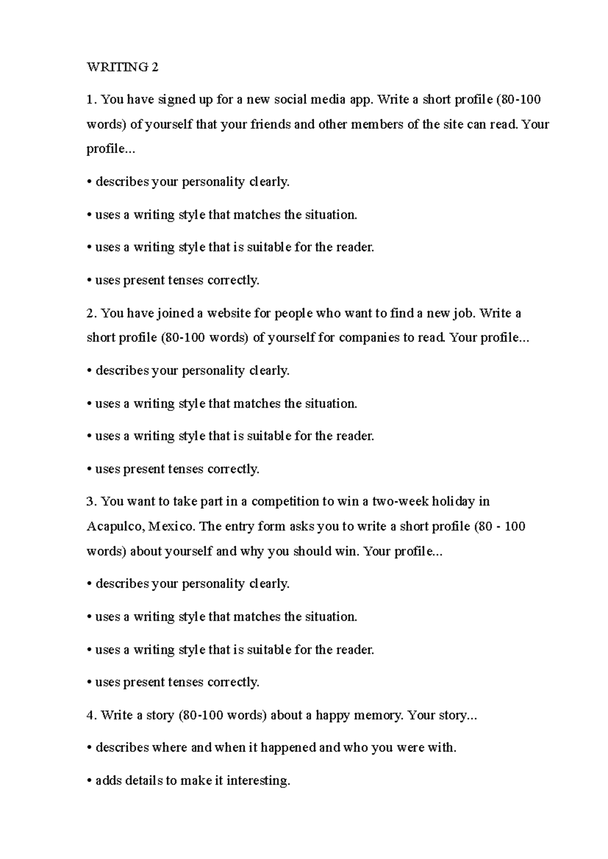 WRITING 2: Profile & Story Writing Exercises for Practice - Studocu