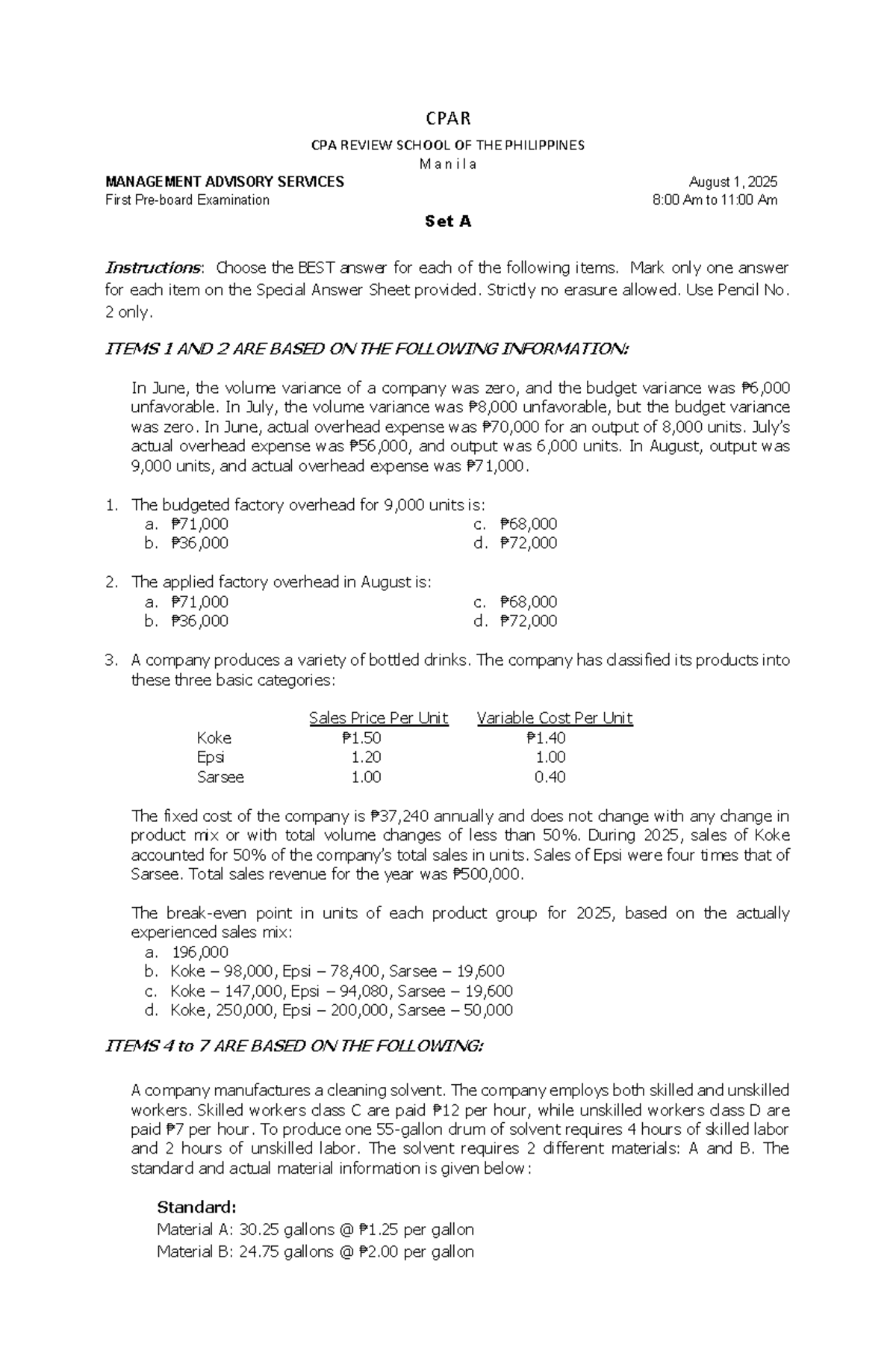 CPAR MANAGEMENT ADVISORY SERVICES First Preboard Examination Batch 98 ...