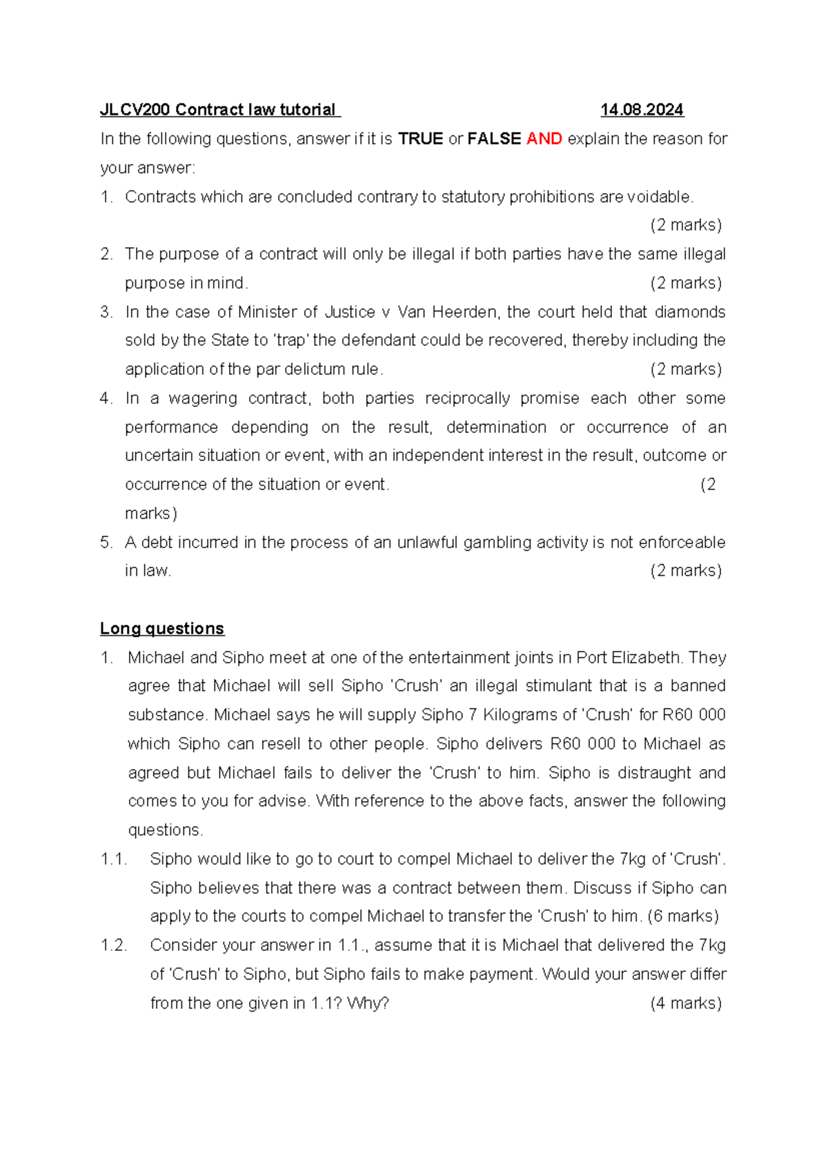 JLCV200 Contract Law Tutorial 14: True/False Questions & Case Analysis ...