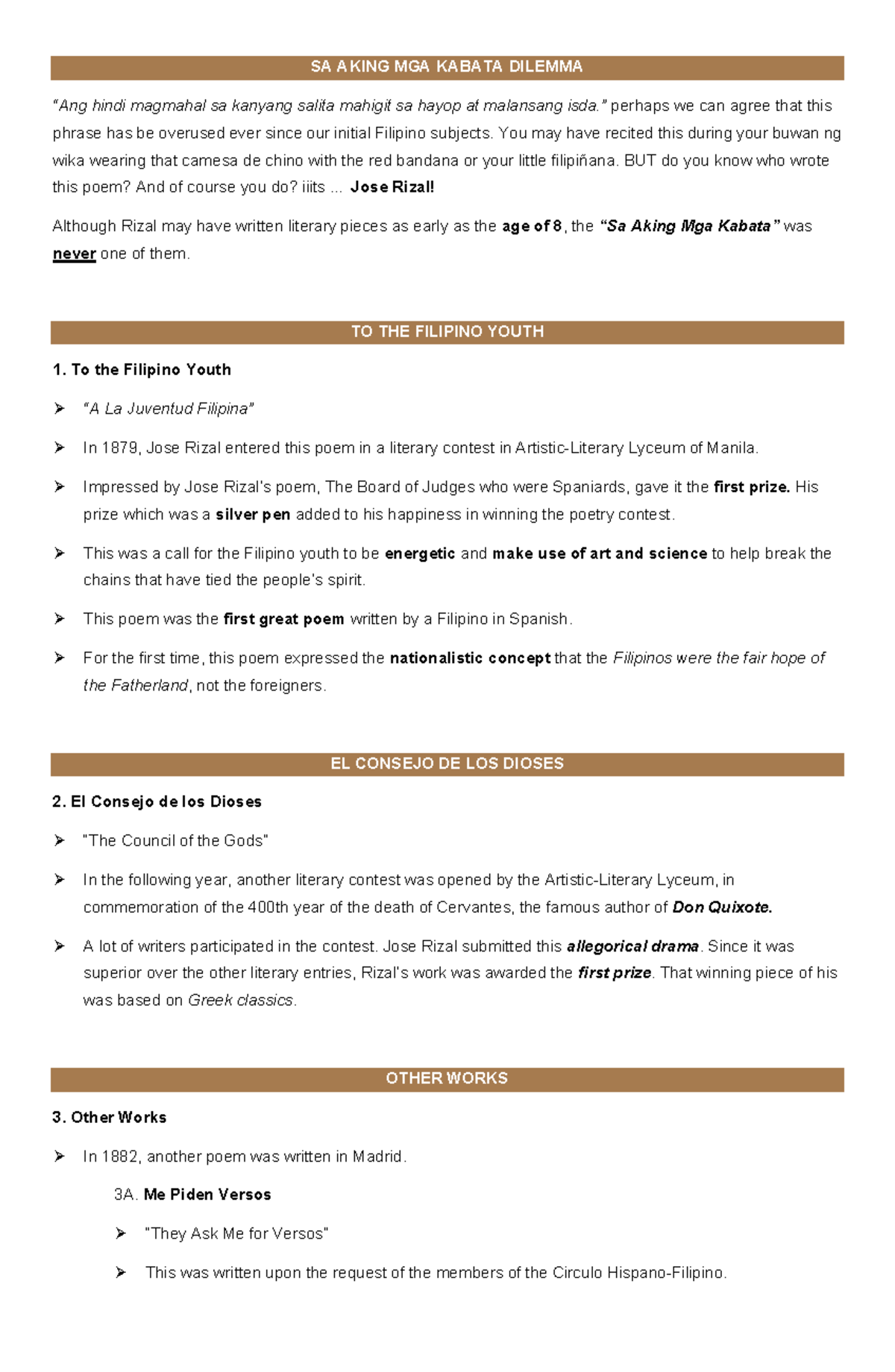 Other Works of Rizal - Notes (FIL 101) - Studocu