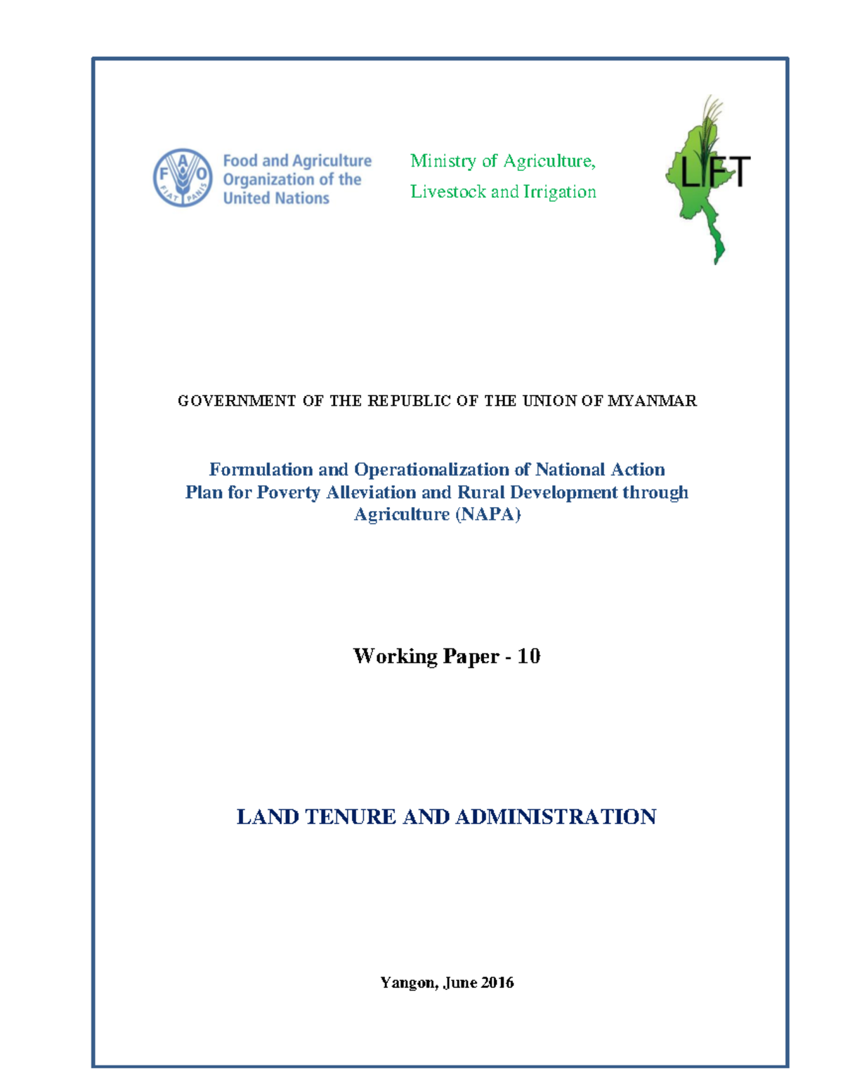 Myanmar NAPA Working Paper 10: Land Tenure & Administration Insights ...
