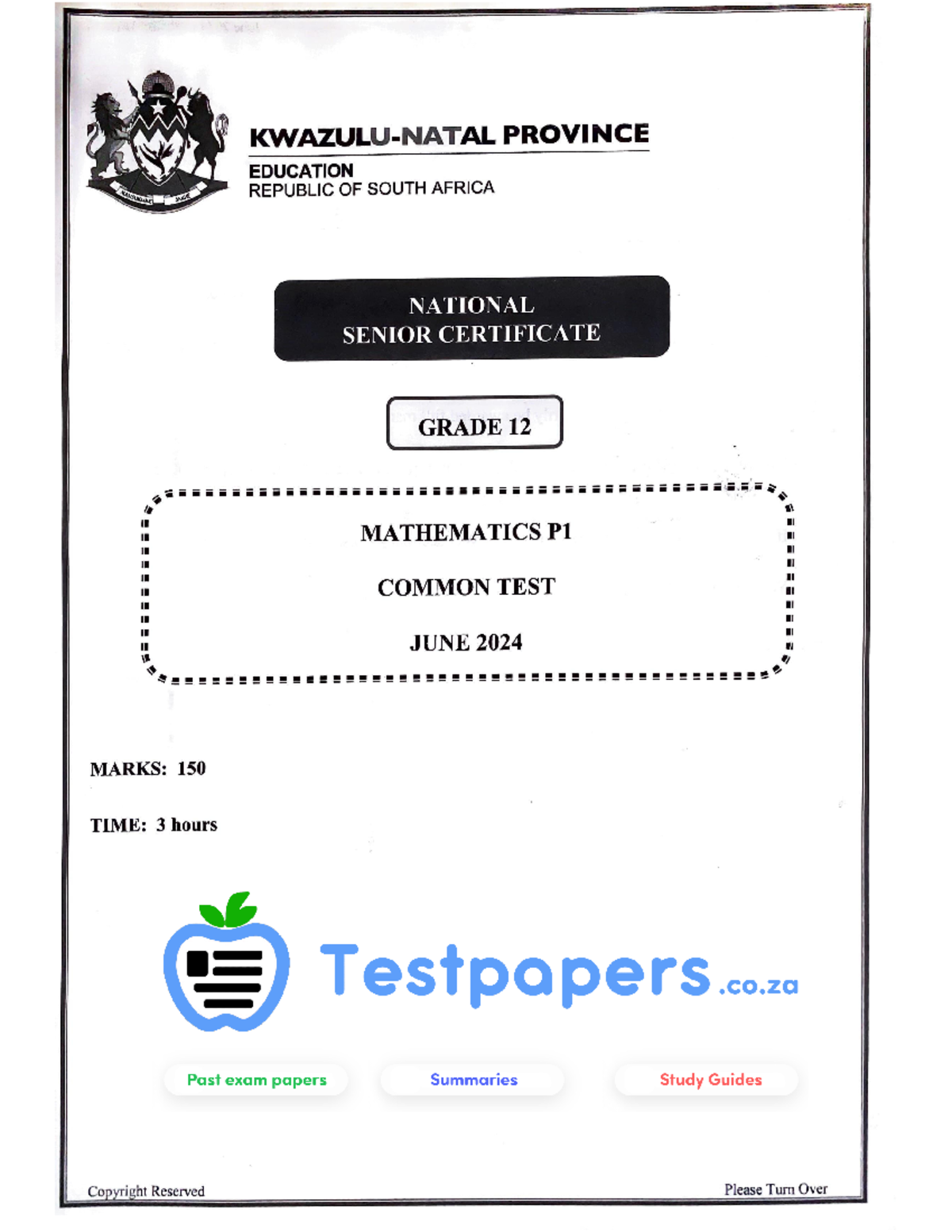 Mathematics Maths NSC Common Test P1 QP May June 2024 KZN - PROVINCE ...