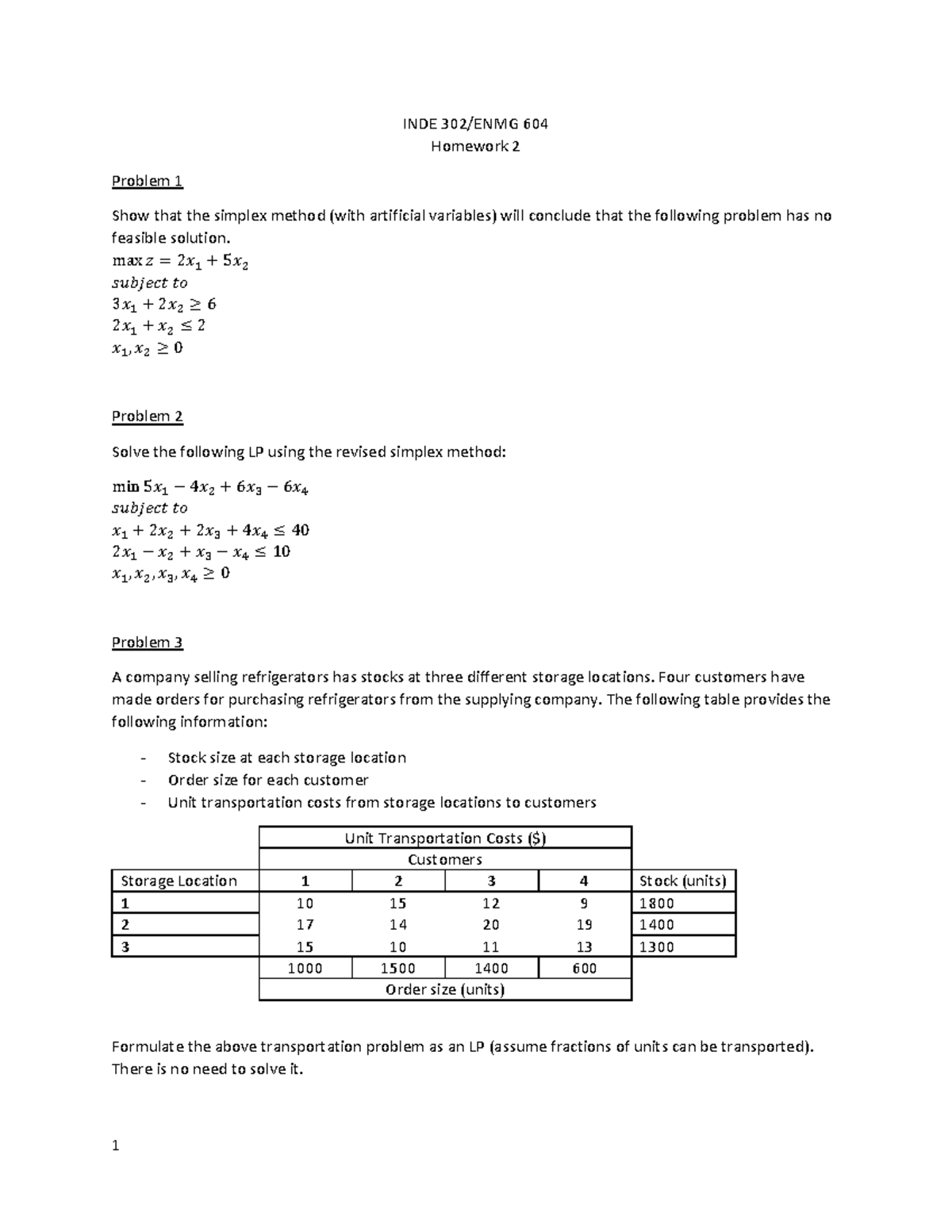 INDE 604 Homework 2: Simplex Method & Transportation Problem Analysis ...