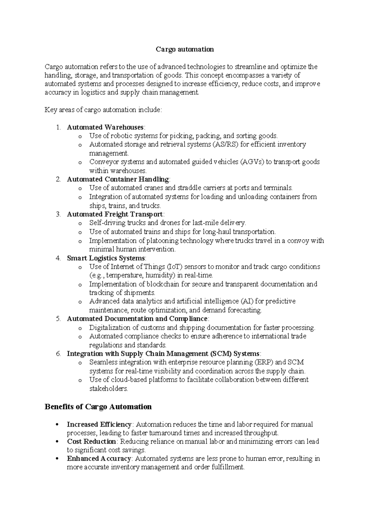 Cargo Automation - Notes on Efficiency and Technology - Studocu