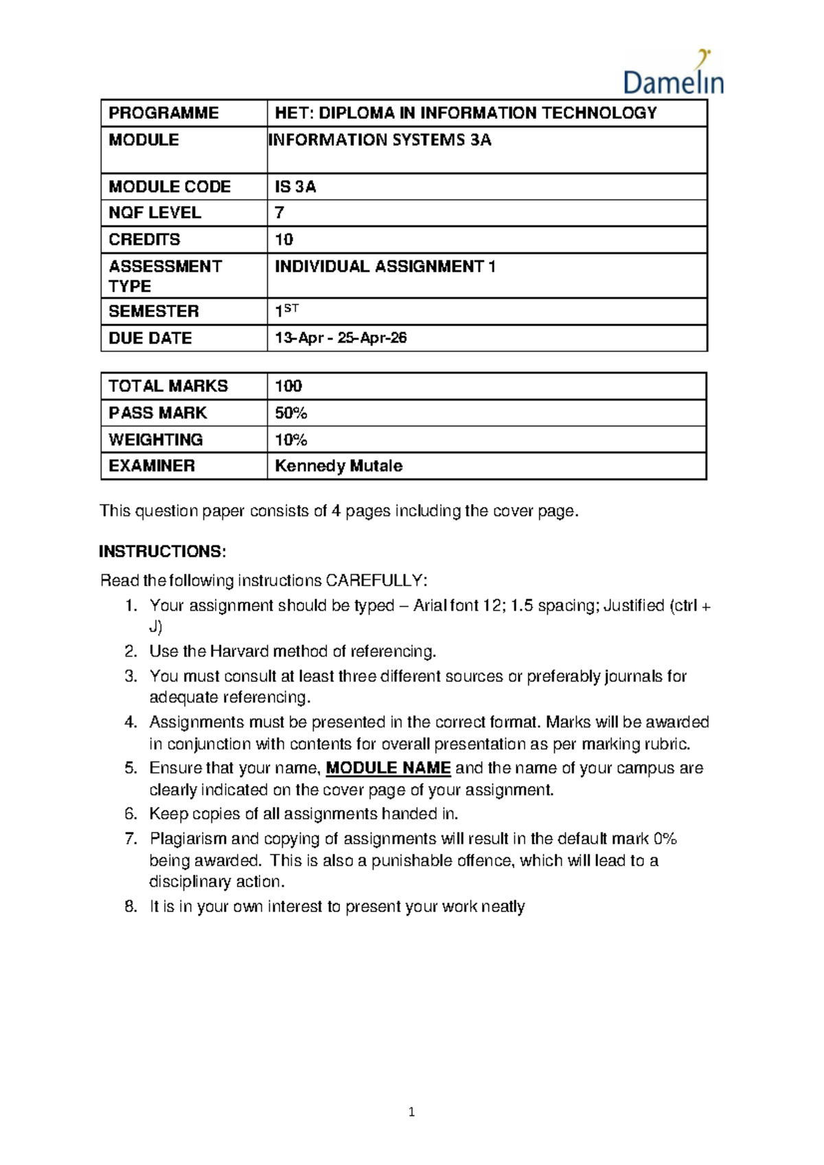 Information Systems 3A: Individual Assignment Guidelines and ...