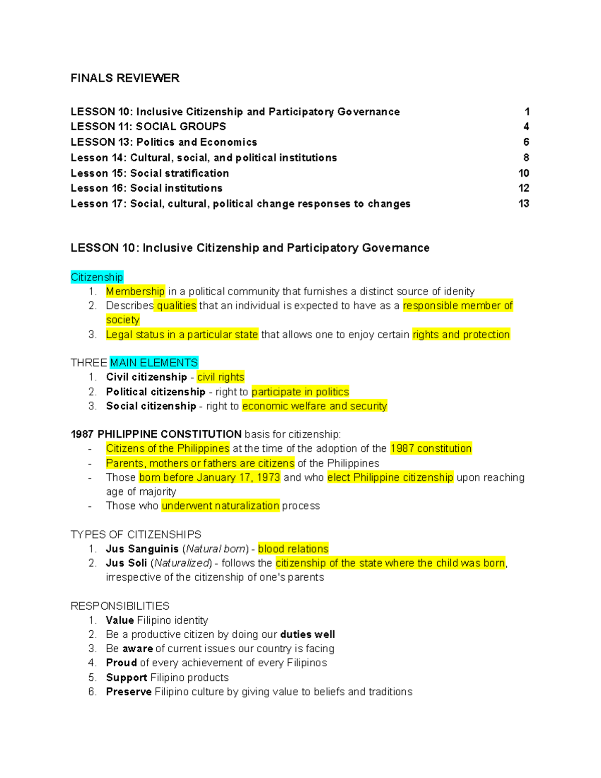 SOC 101 - Final Exam Reviewer: Inclusive Citizenship & Social ...
