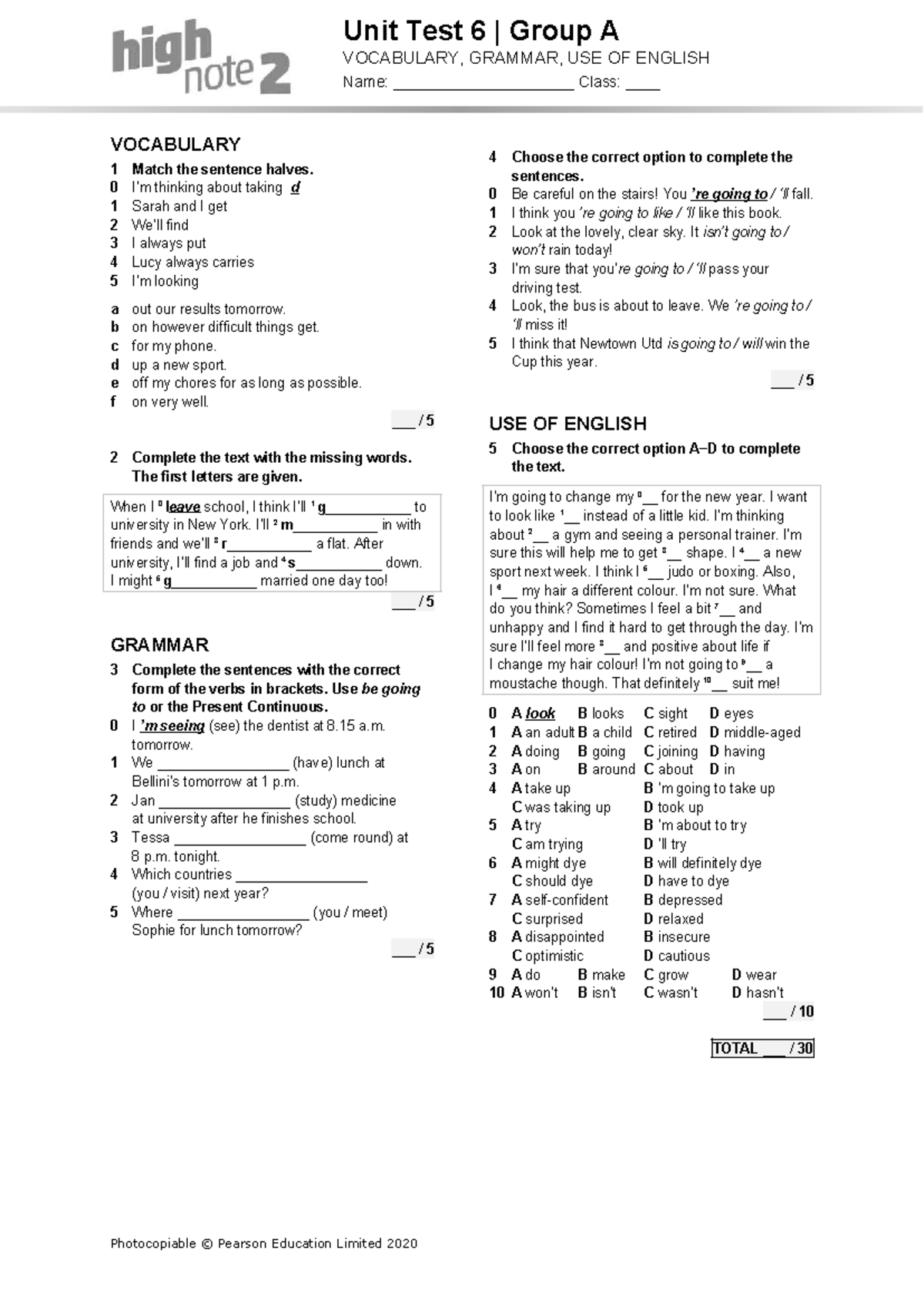 High Note 2 Unit 6 Language Test - Group A Vocabulary & Grammar - Studocu
