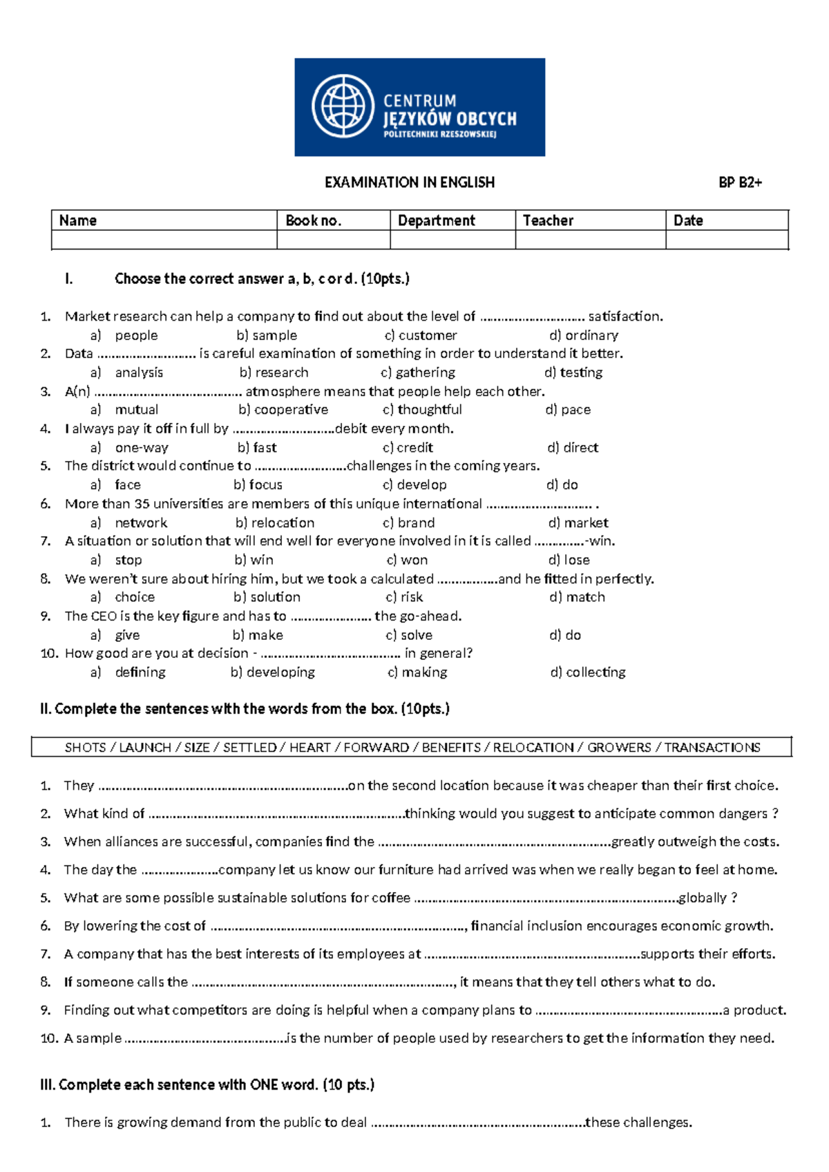 BP B2 English Final Exam: Multiple Choice & Translation Exercises - Studocu