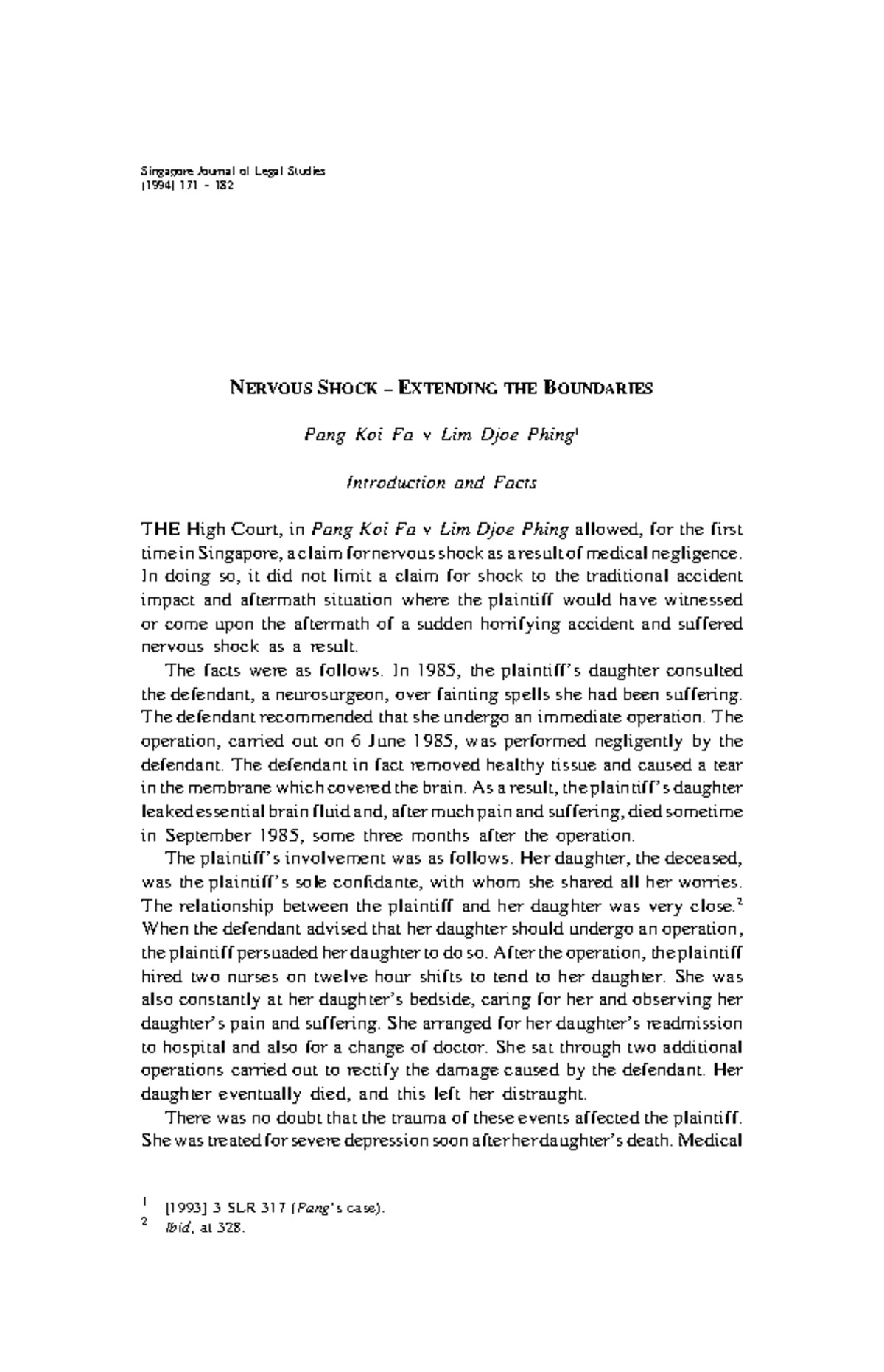 Pang Koi Fa v Lim Djoe Phing: Nervous Shock in Medical Negligence - Studocu