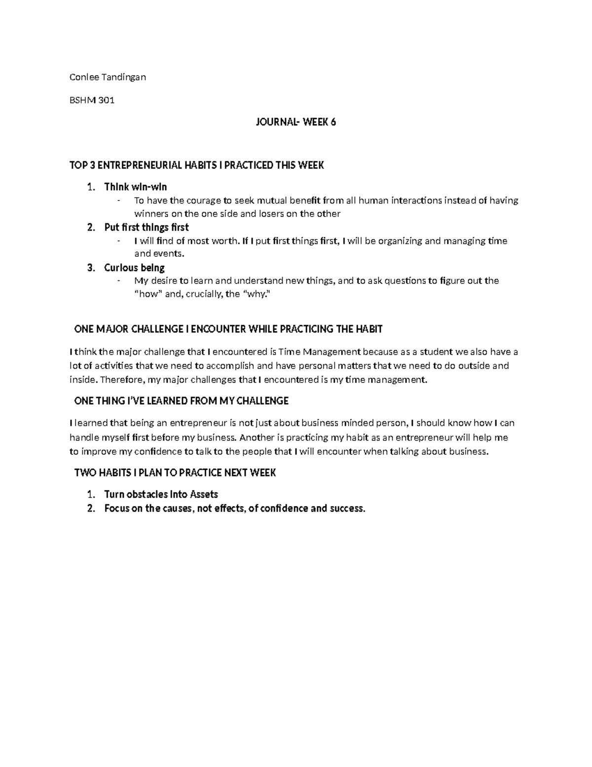 Journal - Assignment - Conlee Tandingan BSHM 301 JOURNAL- WEEK 6 TOP 3 ...