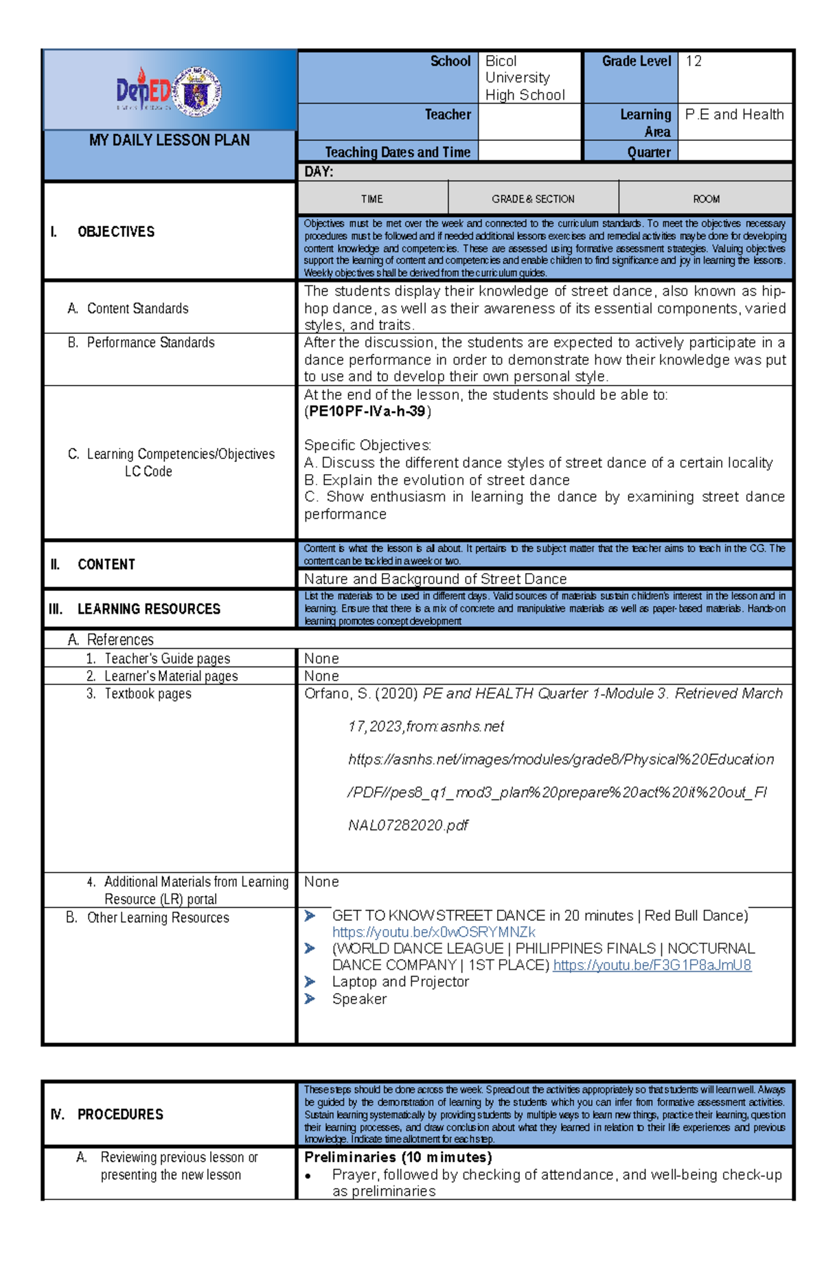 Daily Lesson Plan for PE and Health (Grade 12) - Street Dance - Studocu