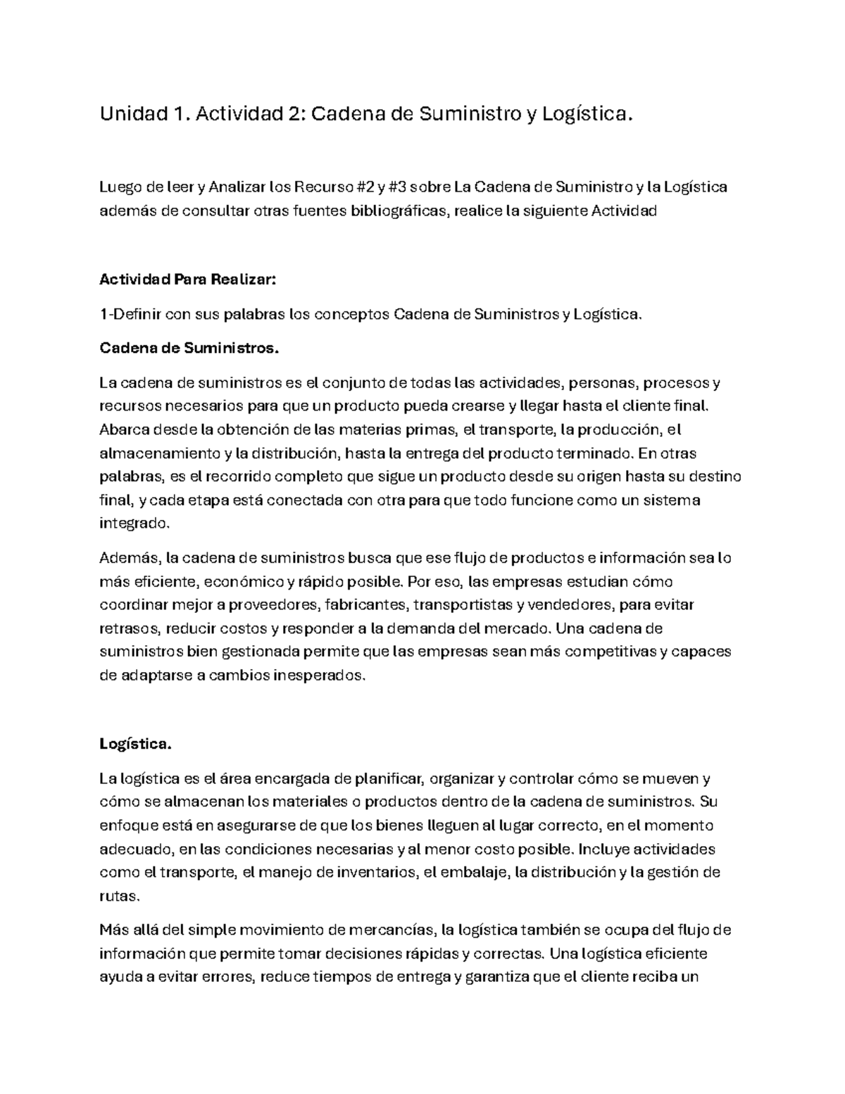 Unidad 1: Actividad 2 - Conceptos de Cadena de Suministro y Logística ...