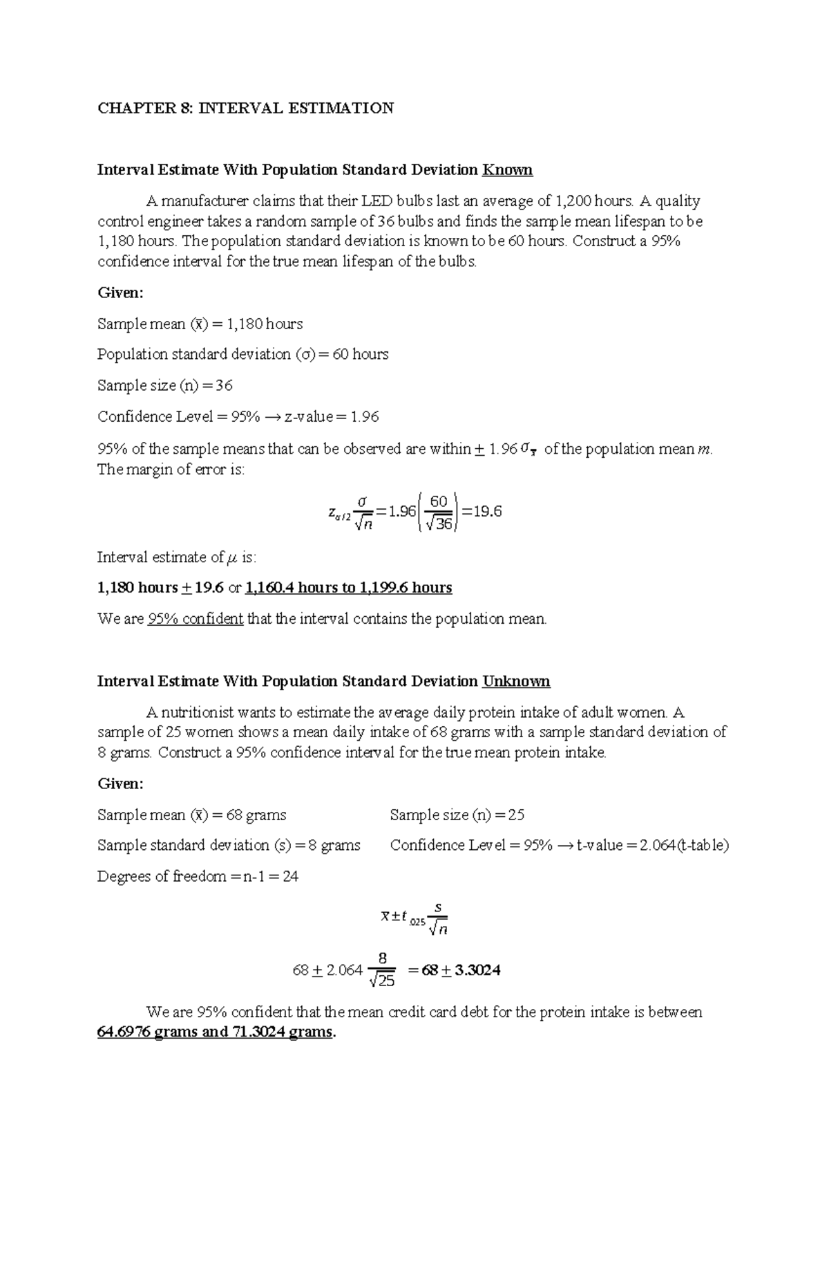 CHAPTER 8: INTERVAL ESTIMATION - Confidence Intervals Explained - Studocu