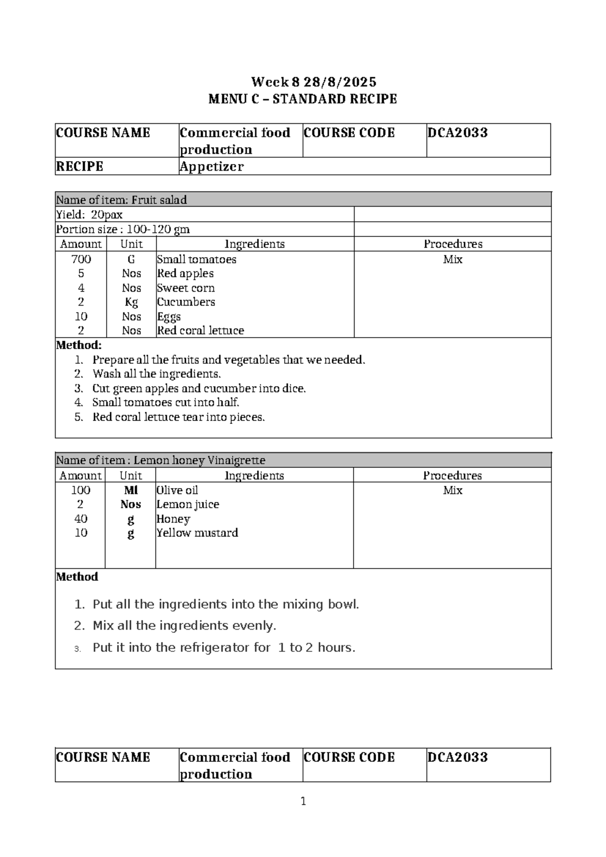 DCA2033 Standard Recipes for Commercial Food Production - Studocu