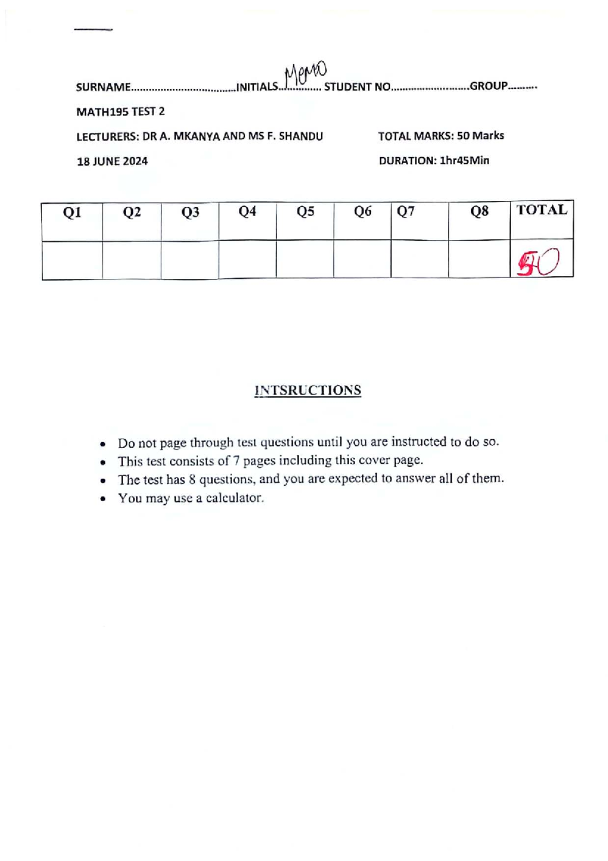 2024 MATH195 TEST 2 MEMO: Solutions and Explanations - Studocu