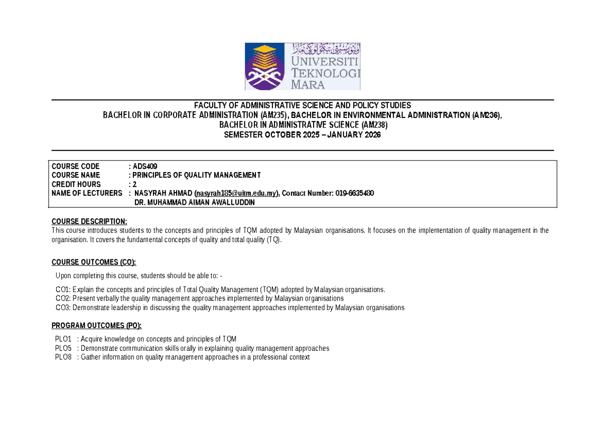 ADS409: Principles of Quality Management Syllabus (Oct 2025 - Jan 2026 ...