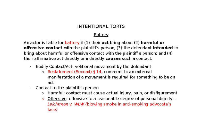 Torts Outline: Key Concepts and Case Summaries for Law 101 - Studocu