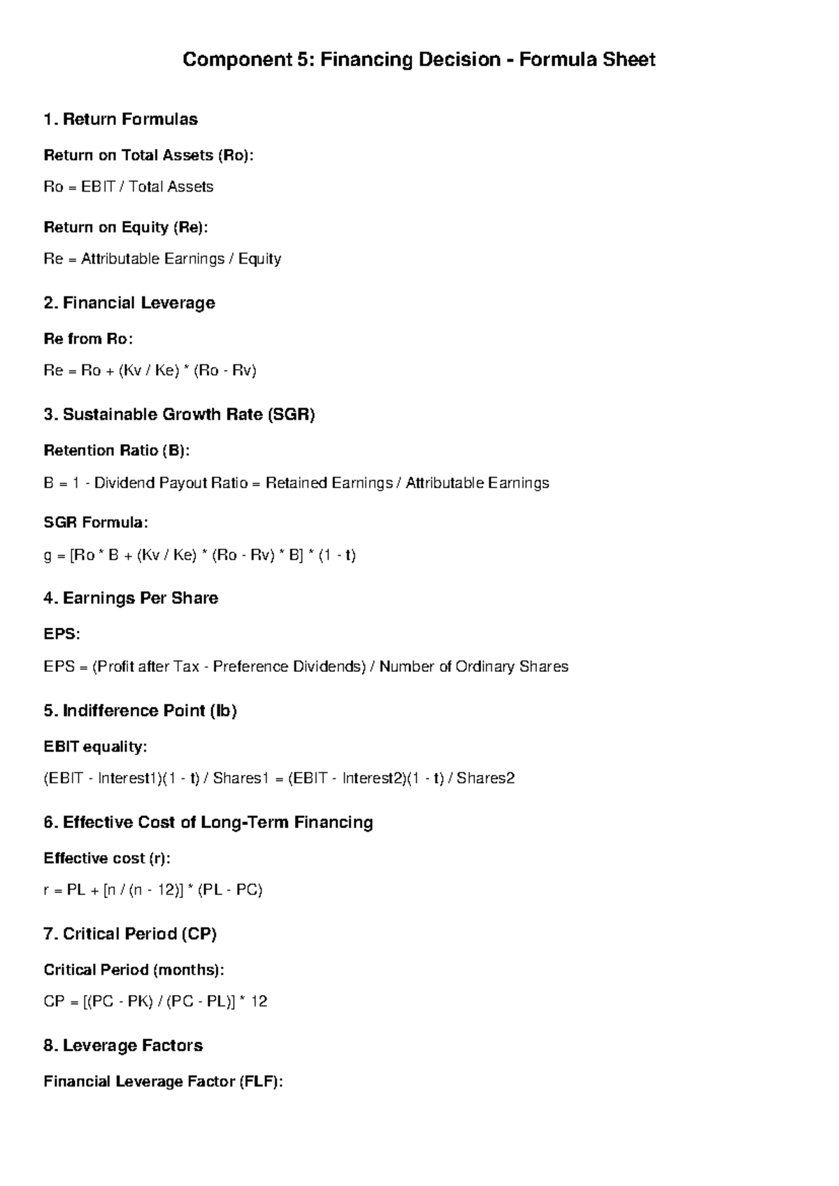 Component 5: Financing Decision Formula Sheet for Financial Analysis ...