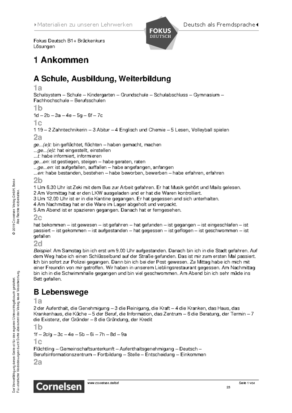 Fokus Deutsch B1+ Brückenkurs: Lösungen und Übungen für den Abschluss