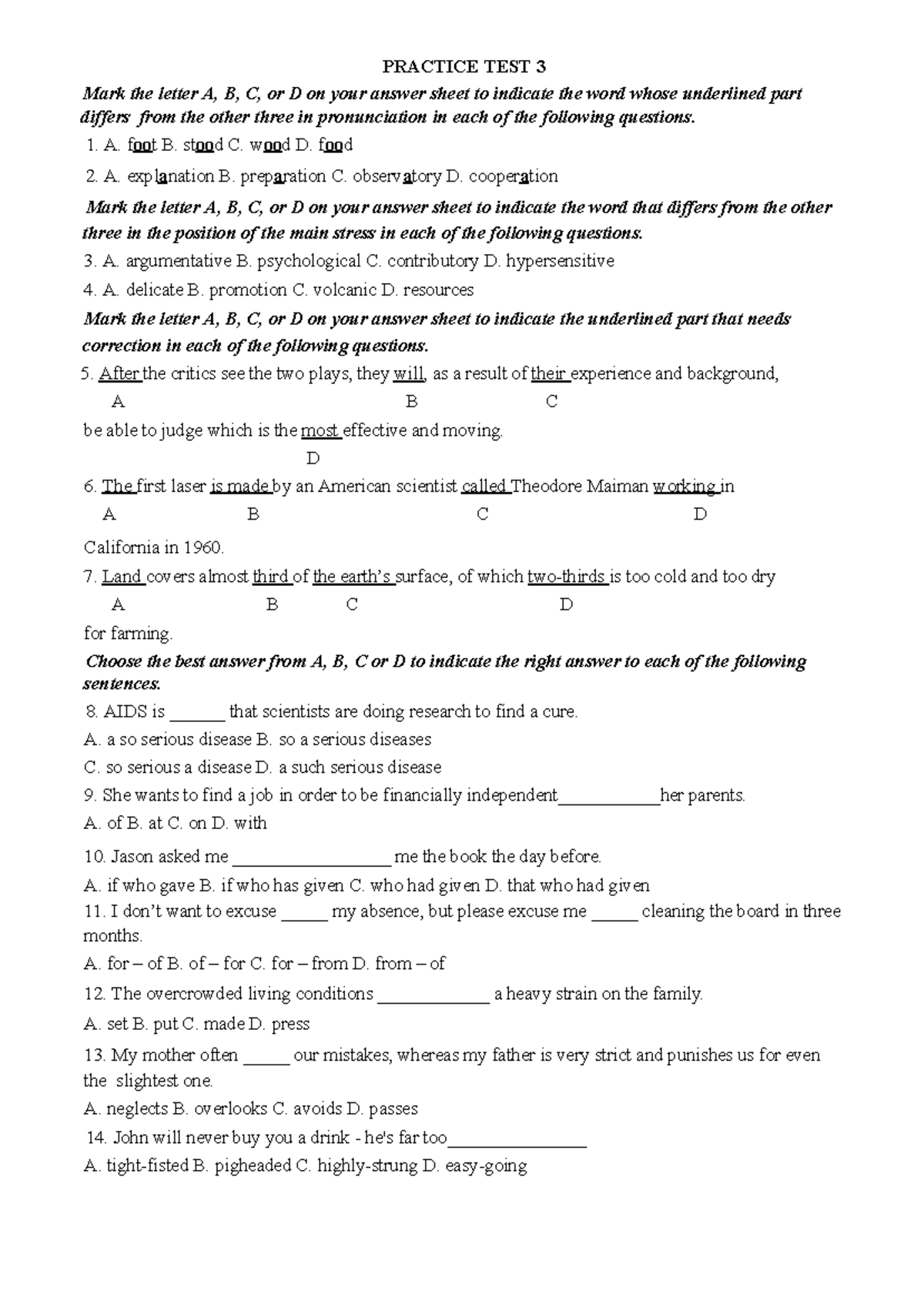 Practice TEST 3 - practist test 2 - PRACTICE TEST 3 Mark the letter A ...