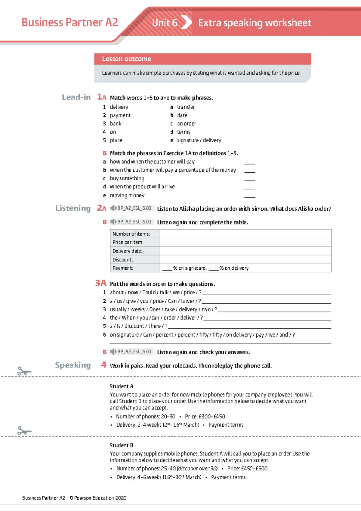 BP A2 Extra Speaking U1L4 wkst - Business Partner A2 © Pearson ...