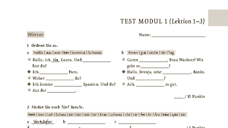 TEST MODUL 1-4: Menschen A1.1 Lehrerhandbuch 471901 - Studocu