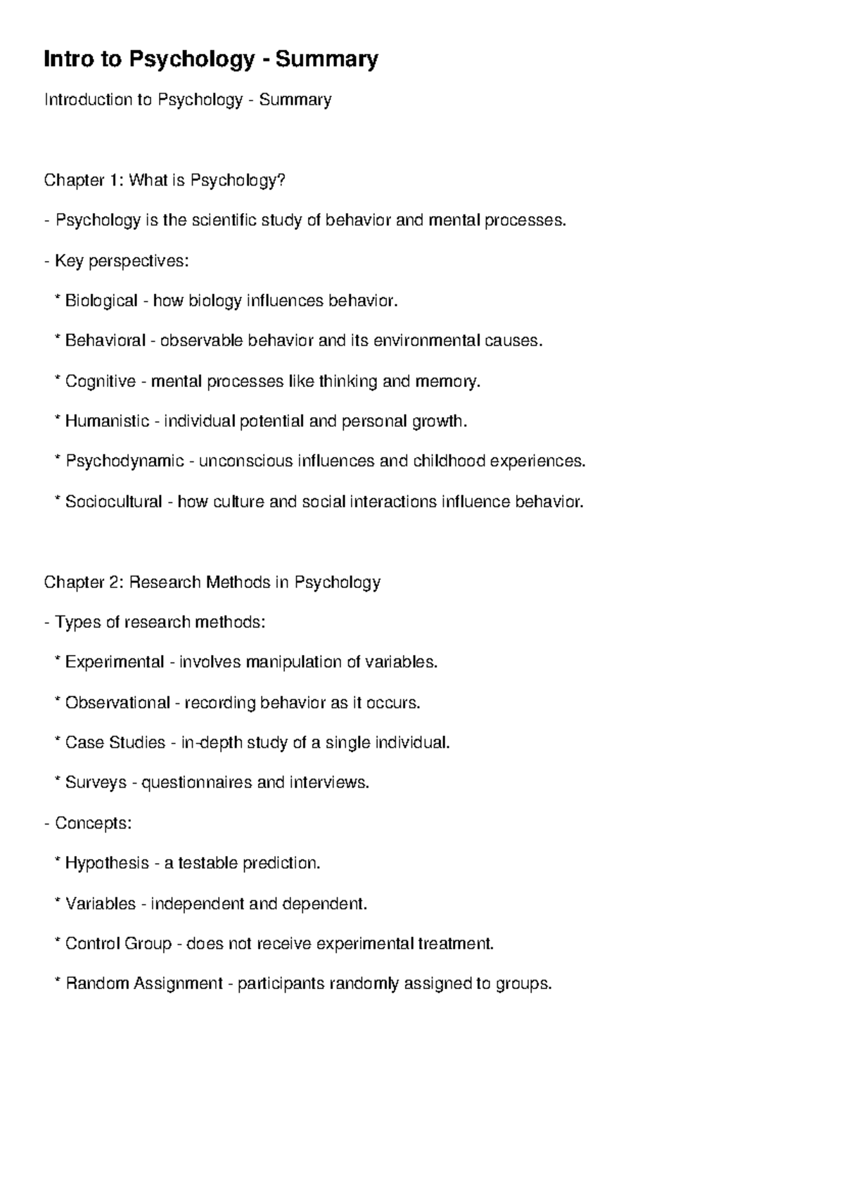 Intro to Psych (PSY101) Chapter 1 & 2 Summary Notes - Studocu