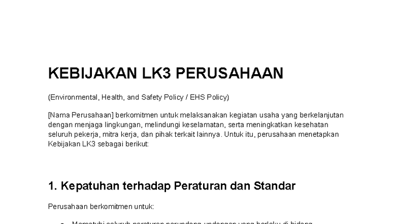 Kebijakan LK3 Perusahaan: EHS Policy dan Implementasinya - Studocu