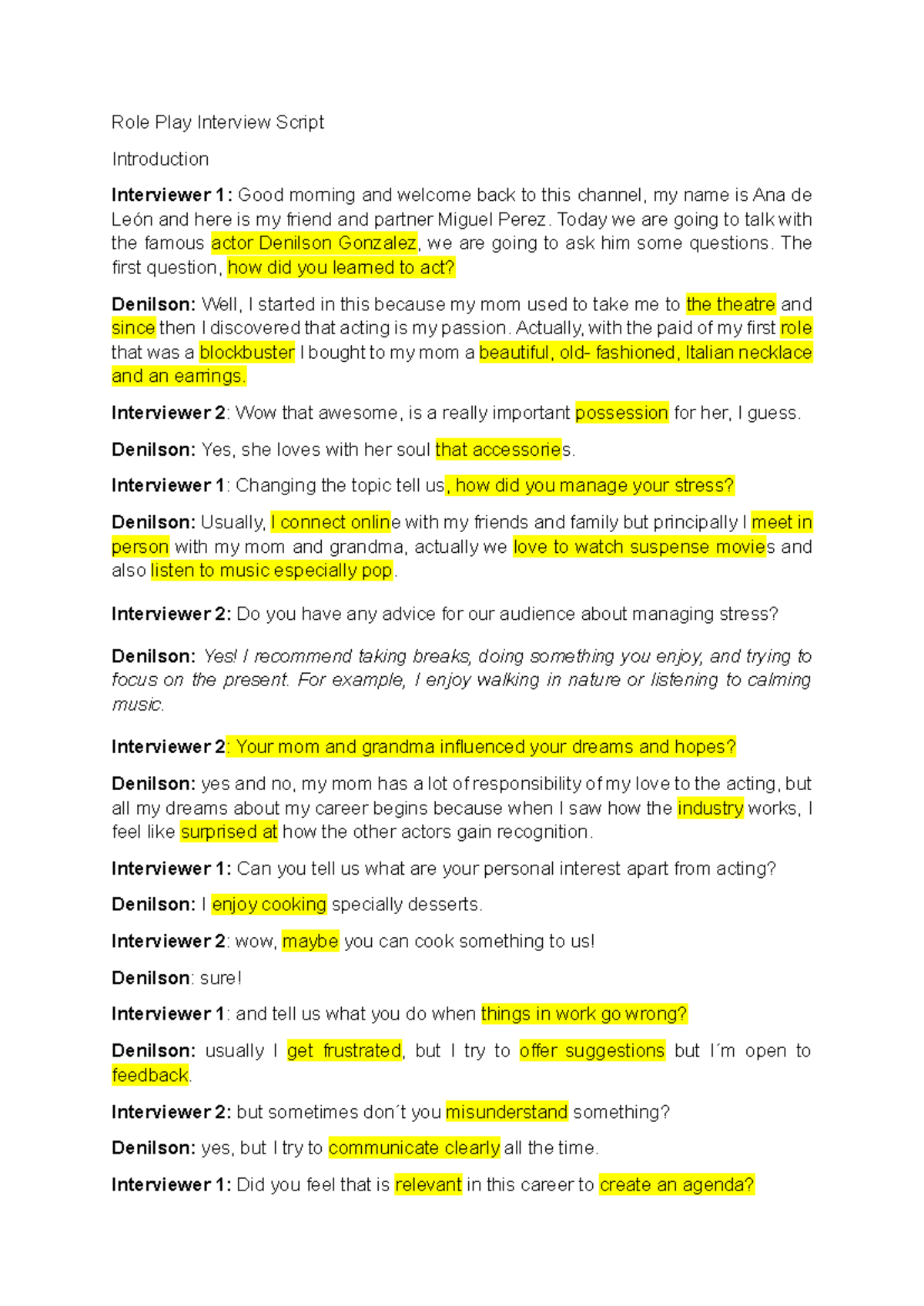Role Play Interview Script with Denilson Gonzalez - English Class - Studocu