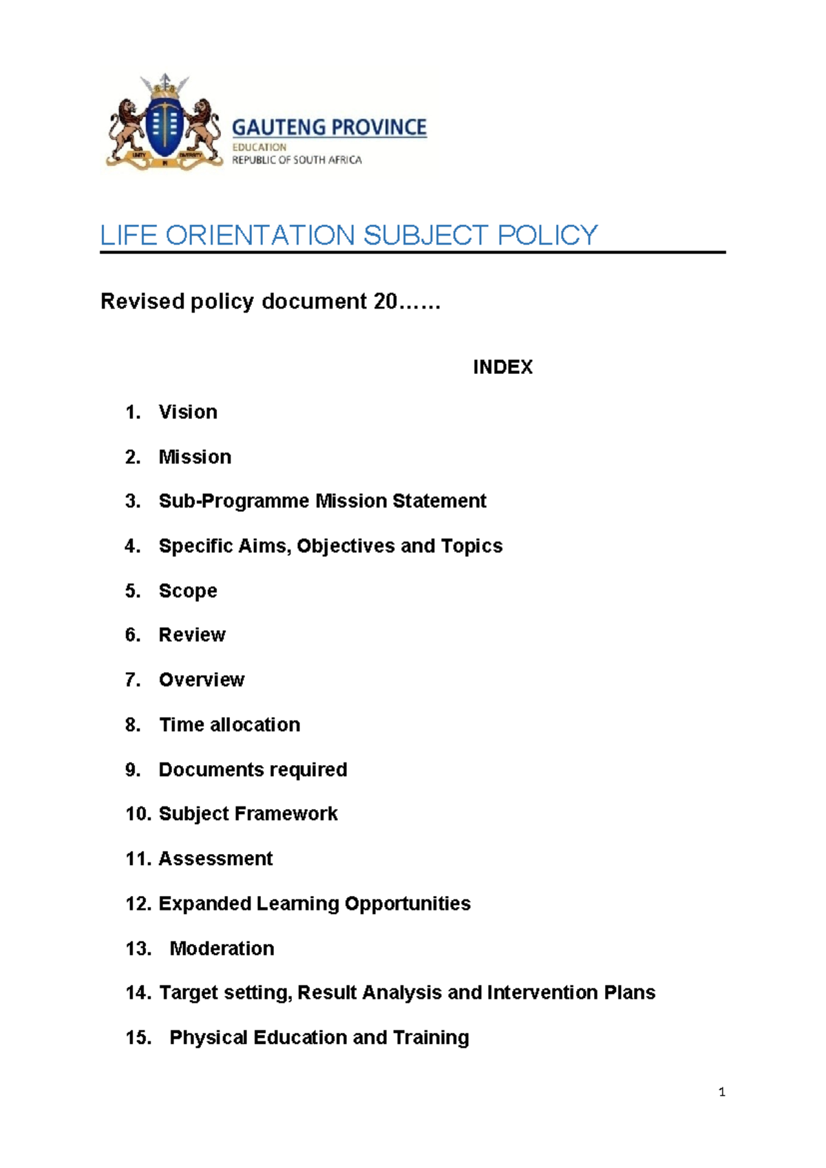 LIFE ORIENTATION Subject Policy Overview and Guidelines - Studocu