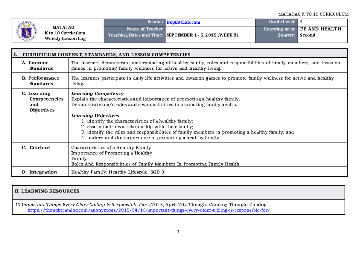 DLL Matatag PE & Health 4 Q2 Weekly Lesson Log (Wk 2) - Studocu