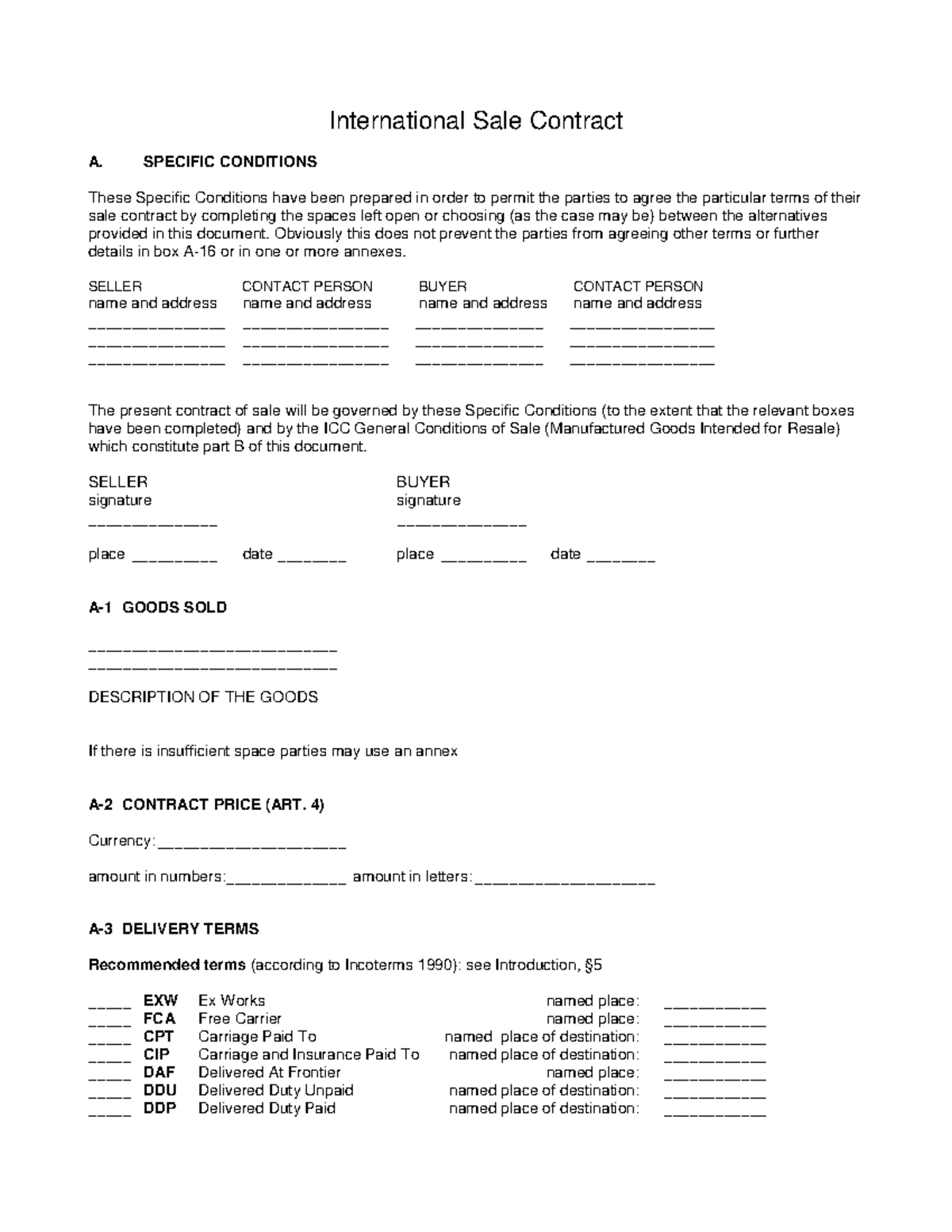 Sample Contract - International Sale Contract A. SPECIFIC CONDITIONS ...