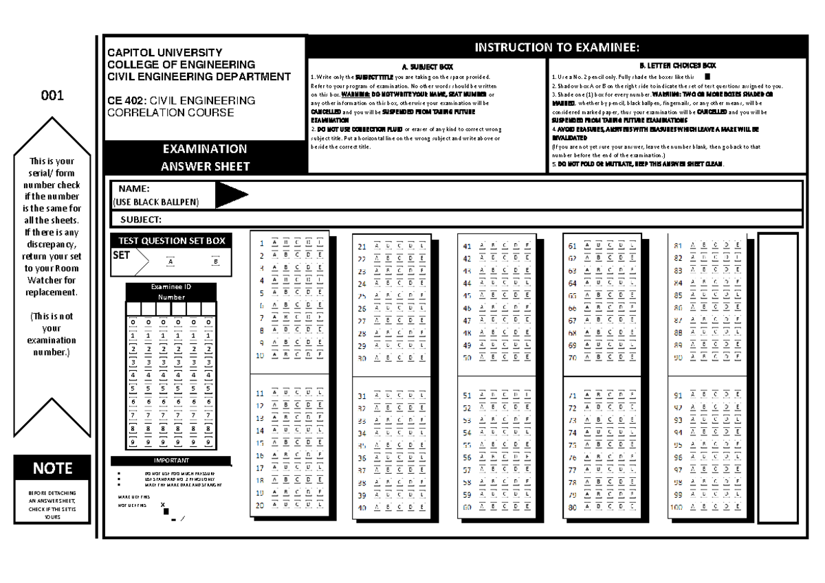 CE 402 Answer Sheet Instructions for Civil Engineering Exam - Studocu