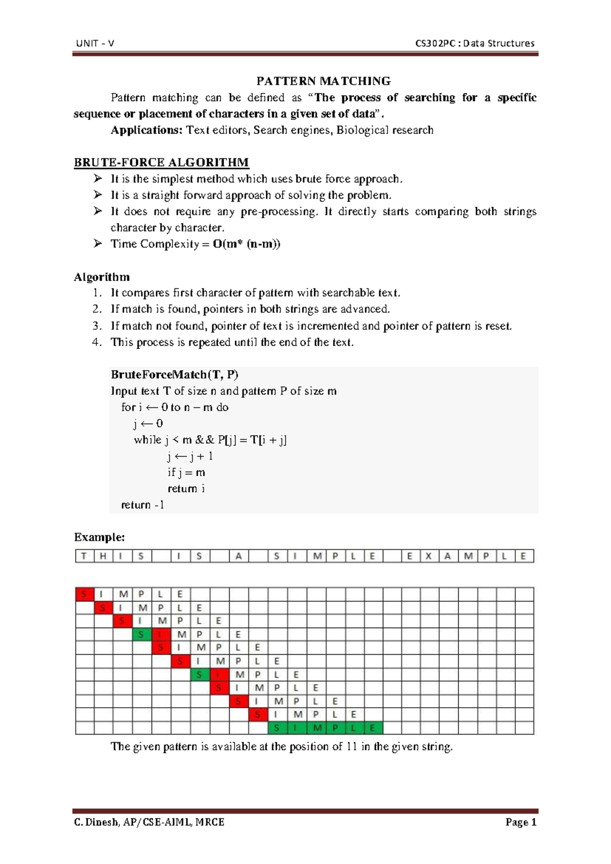 Unit 5 - Data Structures - PATTERN MATCHING Pattern matching can be ...