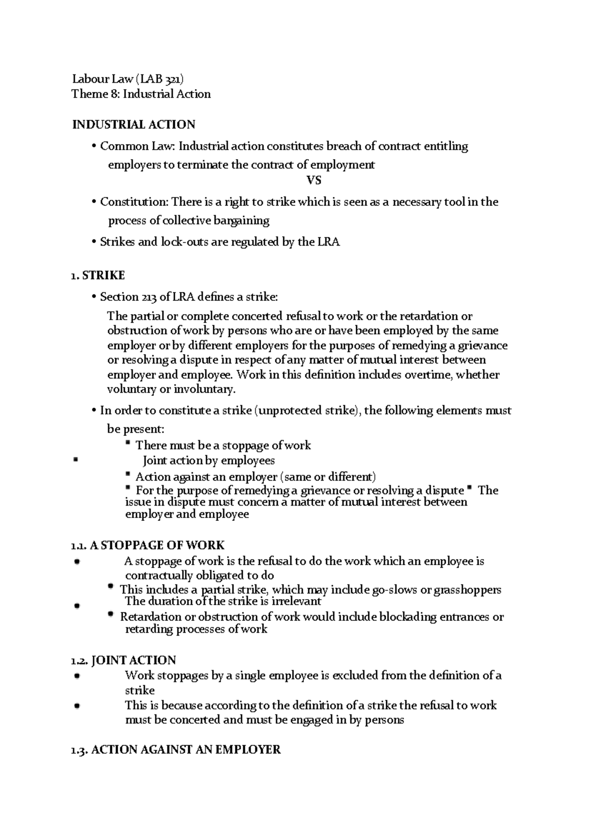 Theme 8: Industrial Action Overview for Labour Law LAB 321 - Studocu