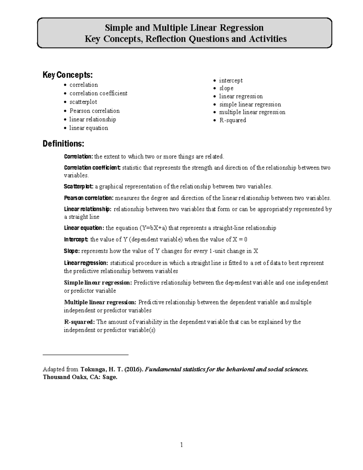 Key Concepts Reflection Questions Activities Week10 Regression - 1 Key ...