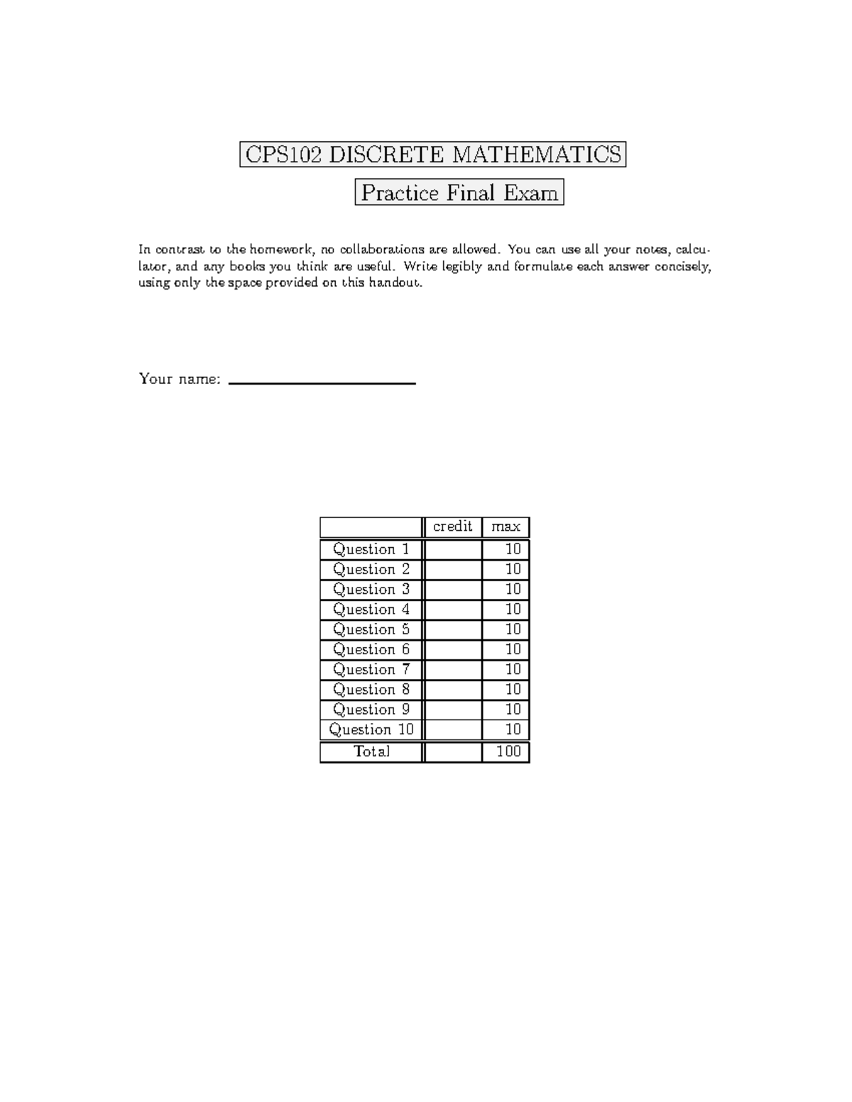 CPS102 DISCRETE MATHEMATICS Practice Final Exam Questions and ...