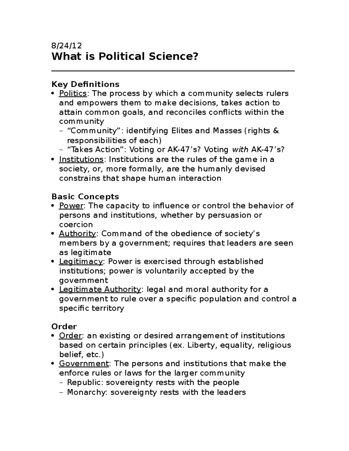 Lecture 1 - Introduction to Political Science Concepts and Theories ...