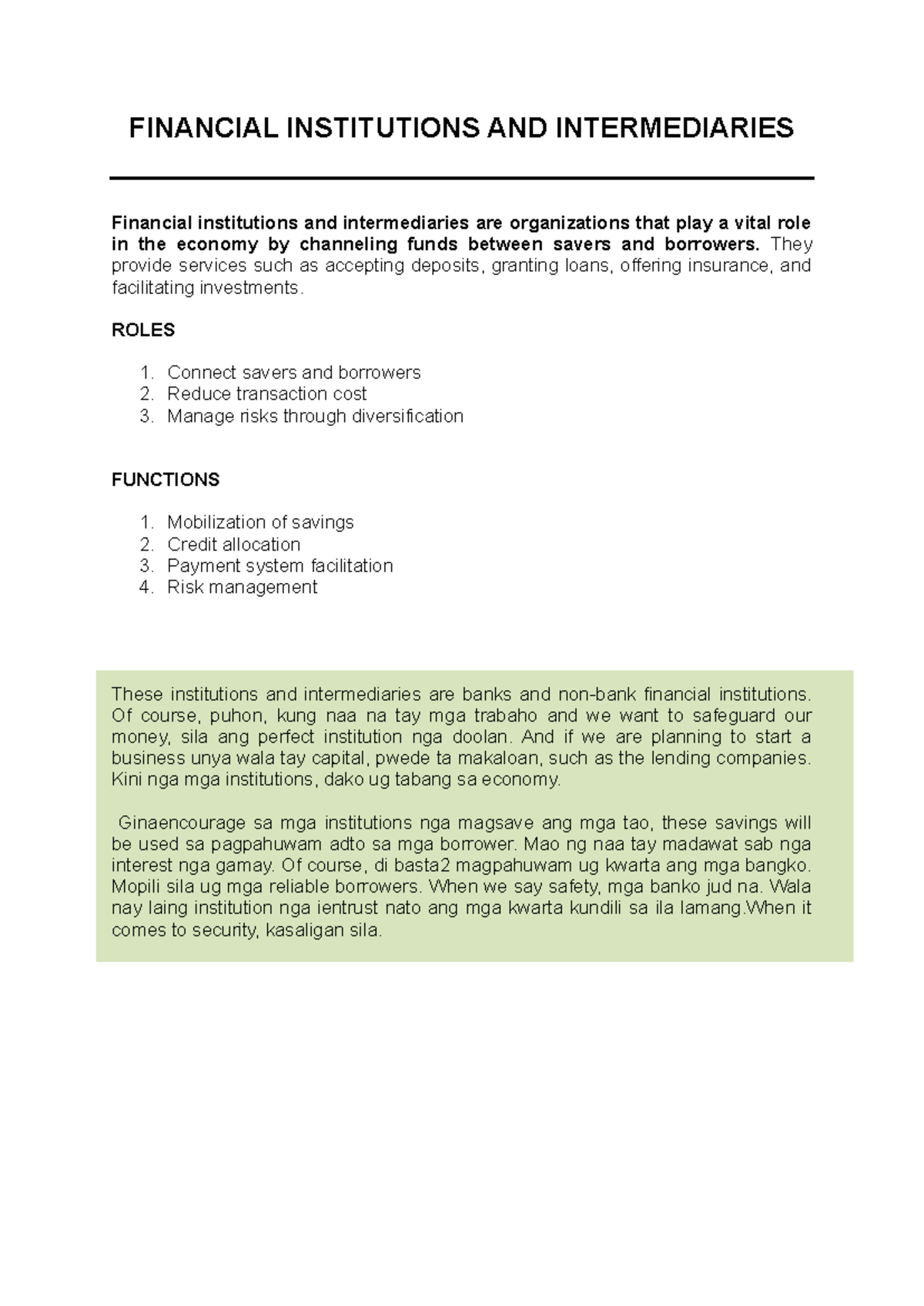 FIN 101: Overview of Financial Institutions & Intermediaries - Studocu