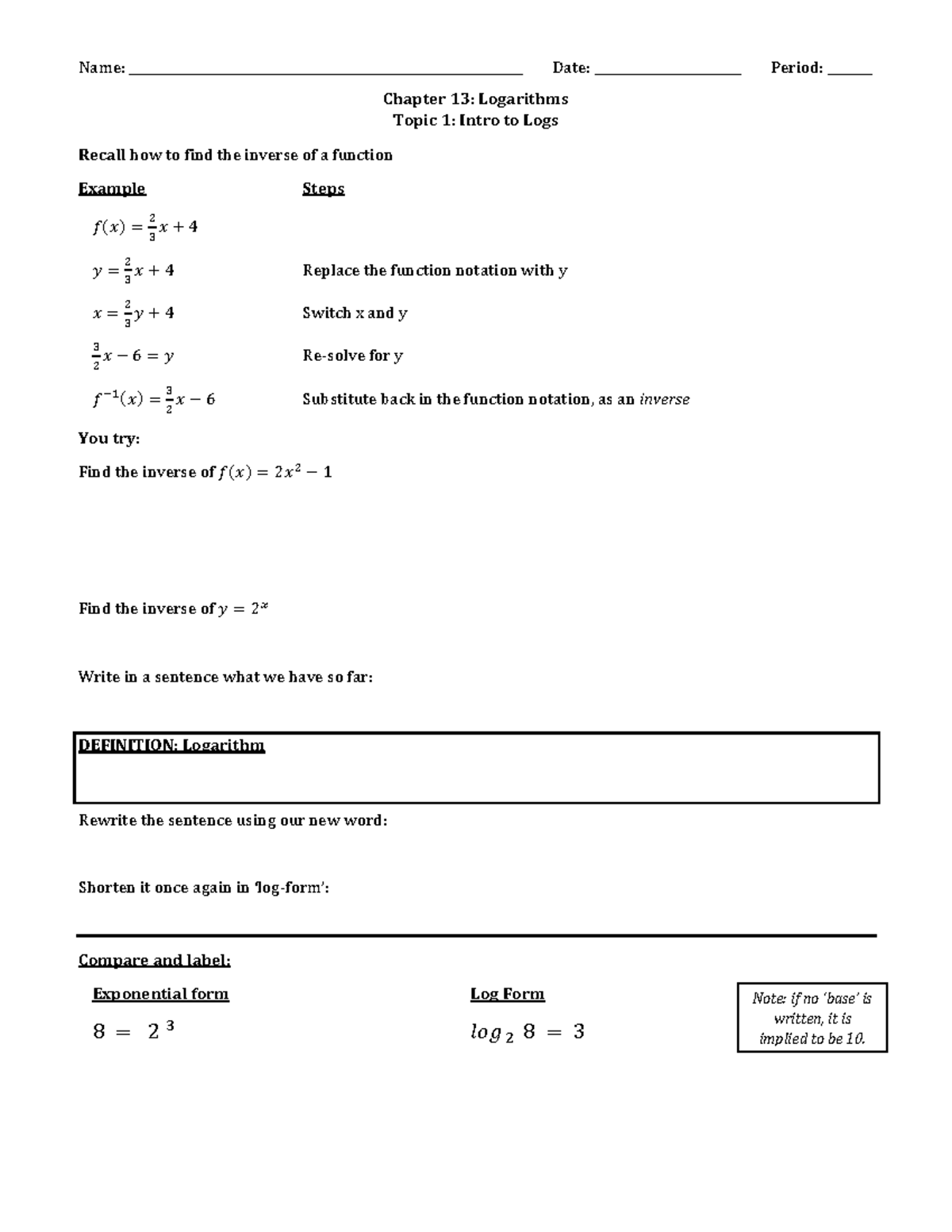 MATH 101: Chapter 13 - Intro to Logarithms Practice Guide - Studocu