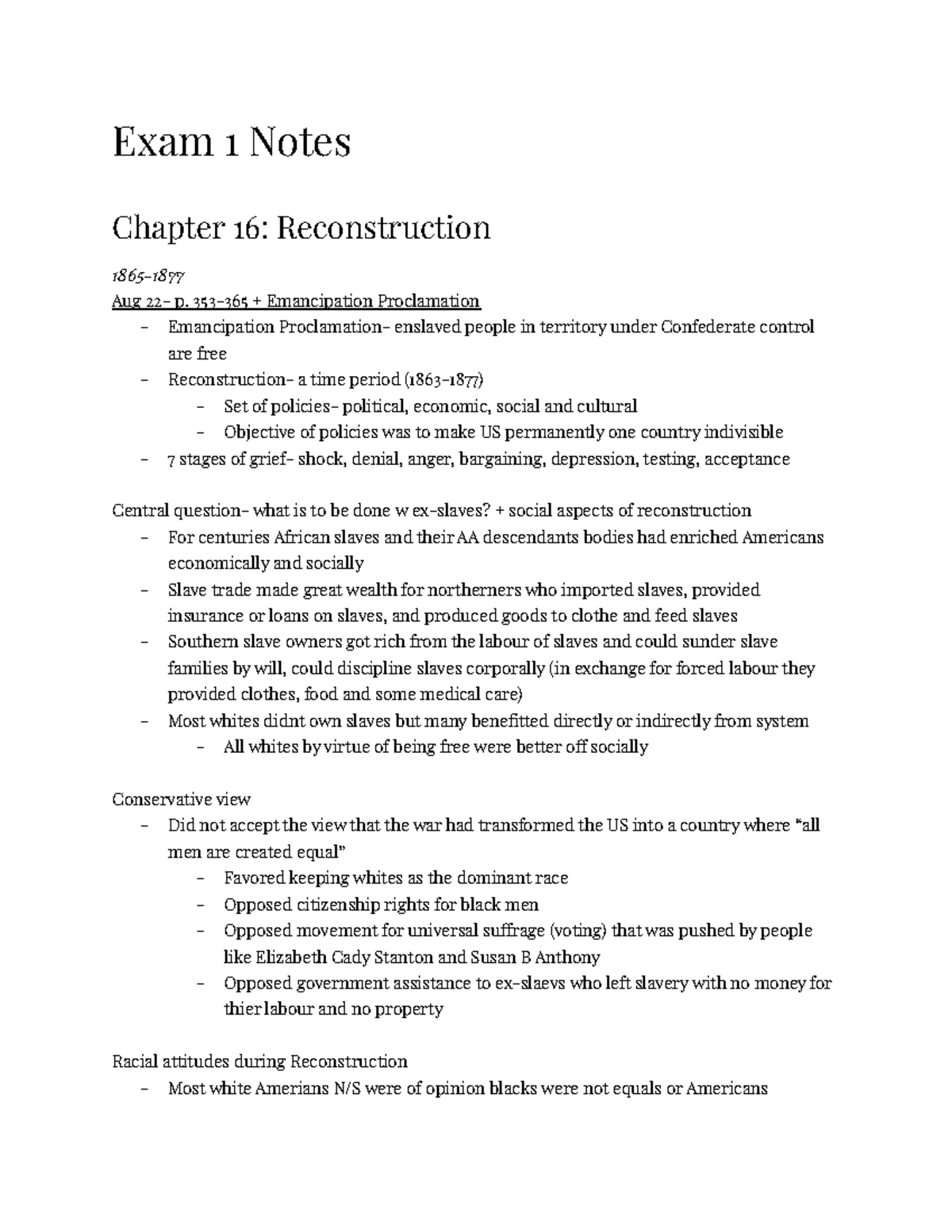 HIST 106 - Exam 1 Study Guide: Reconstruction and Gilded Age Insights ...